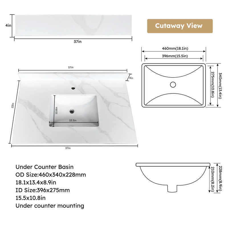 37-inch Quartz Bathroom Vanity Top with Undermount Single Bowl by HouseOfZazla
