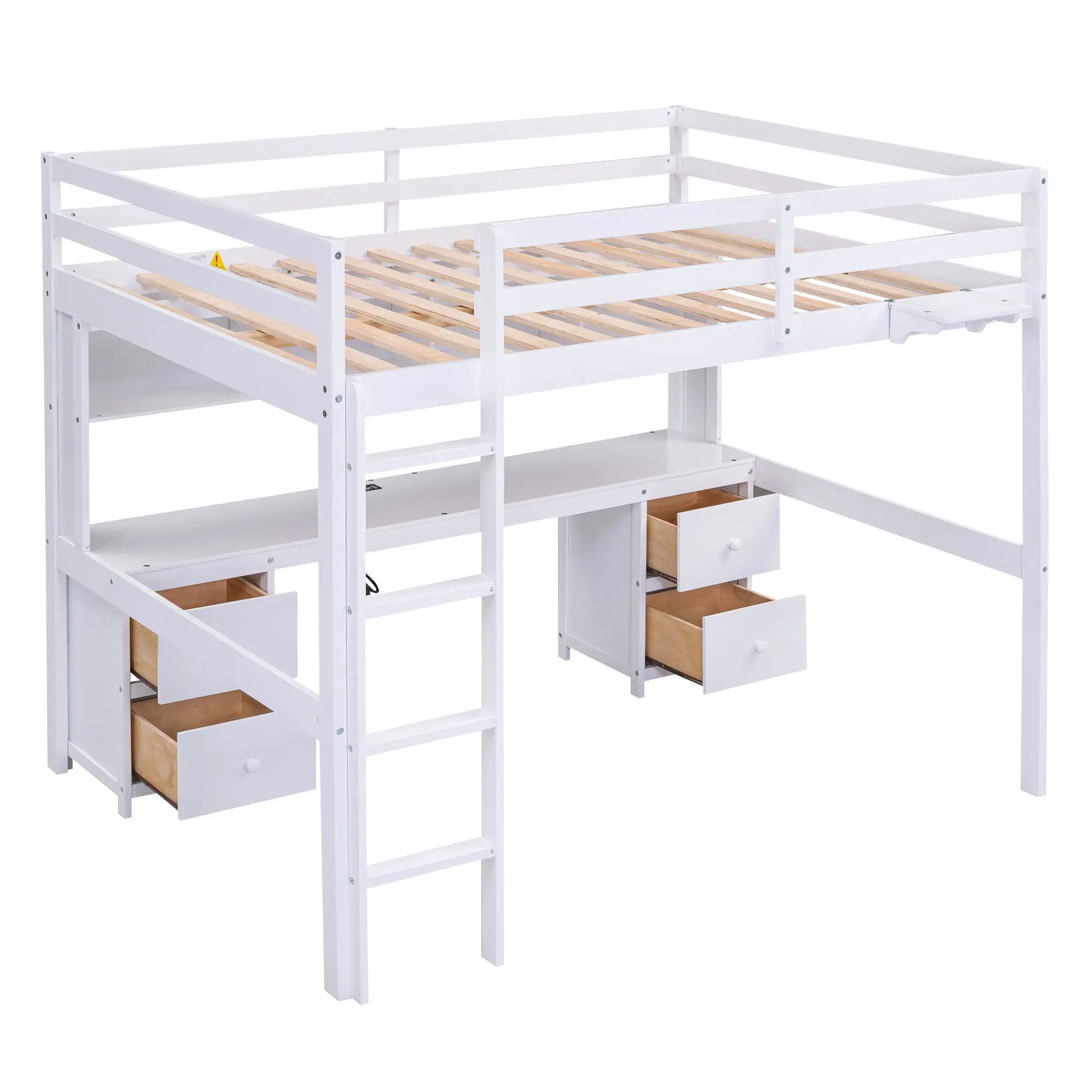 Full Size Loft Bed With Desk, Cabinets, Drawers, Charging Station And Bedside Tray, Sturdy Frame, No Box Spring Required - White by HouseOfZazla