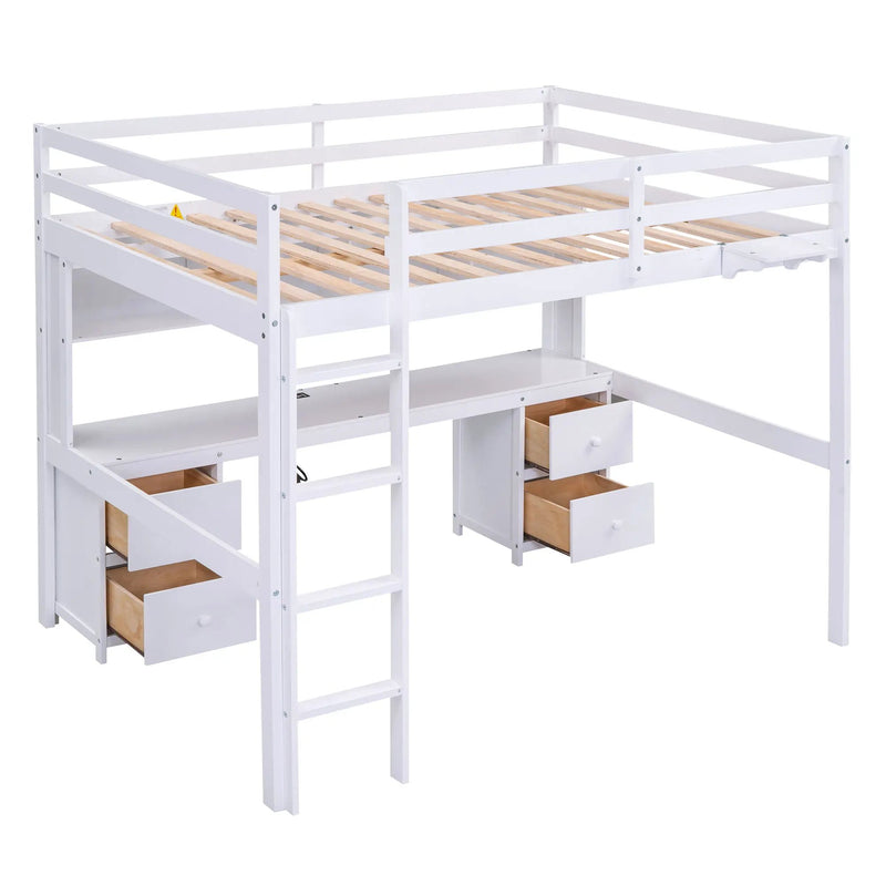 Full Size Loft Bed With Desk, Cabinets, Drawers, Charging Station And Bedside Tray, Sturdy Frame, No Box Spring Required - White by HouseOfZazla