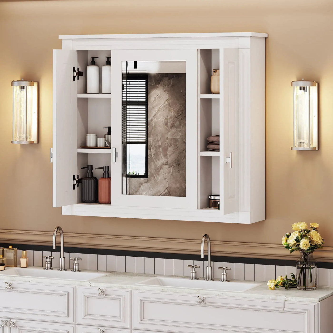 Wall Mounted Bathroom Cabinet With Mirror And 5 Shelves, Rectangular Design by Unique Piece Furniture
