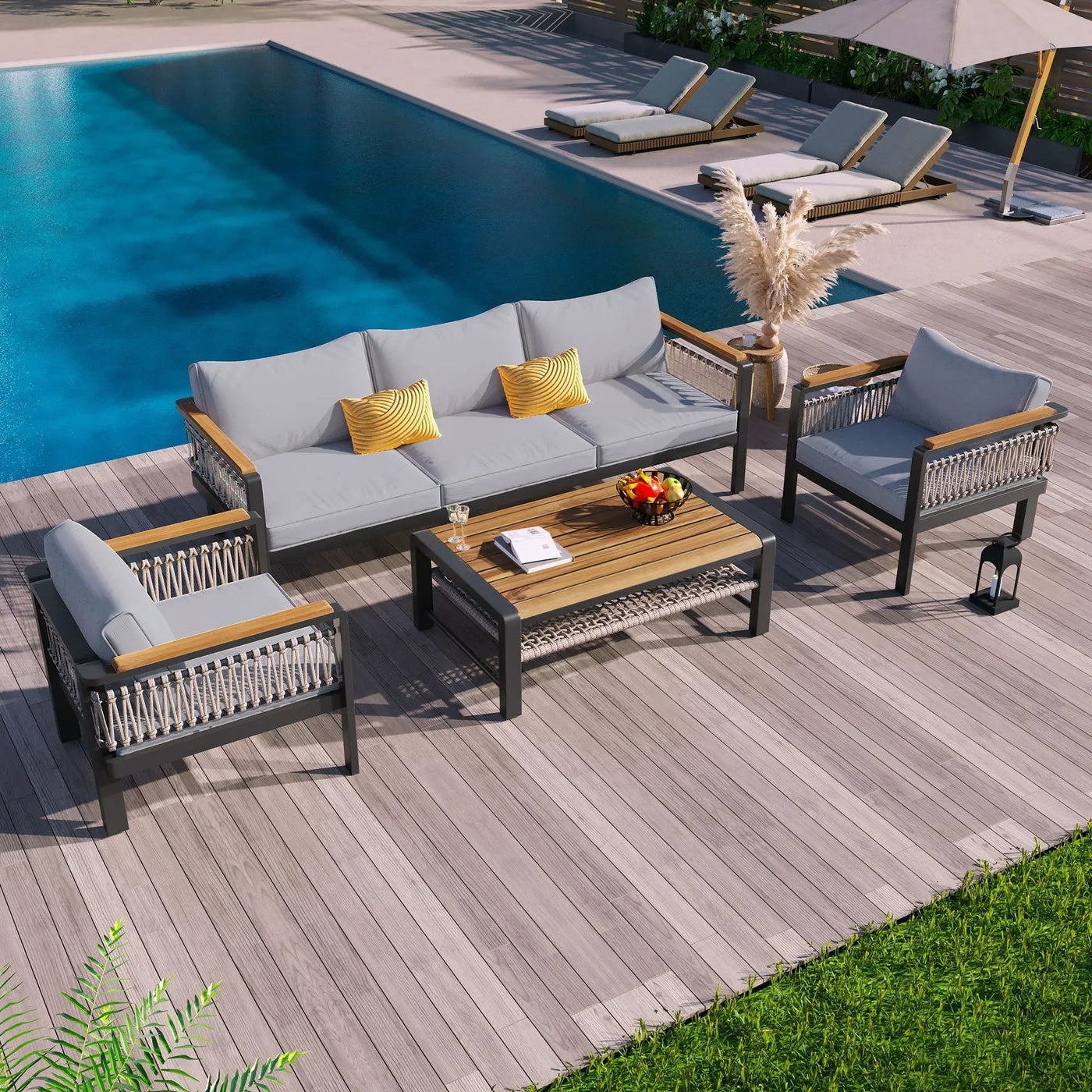 4 Pieces Outdoor Sectional Sofa Set 5 Person Patio Seating Group Outdoor Conversation Set With Cushions And A Coffee Table For Patios by HouseOfZazla