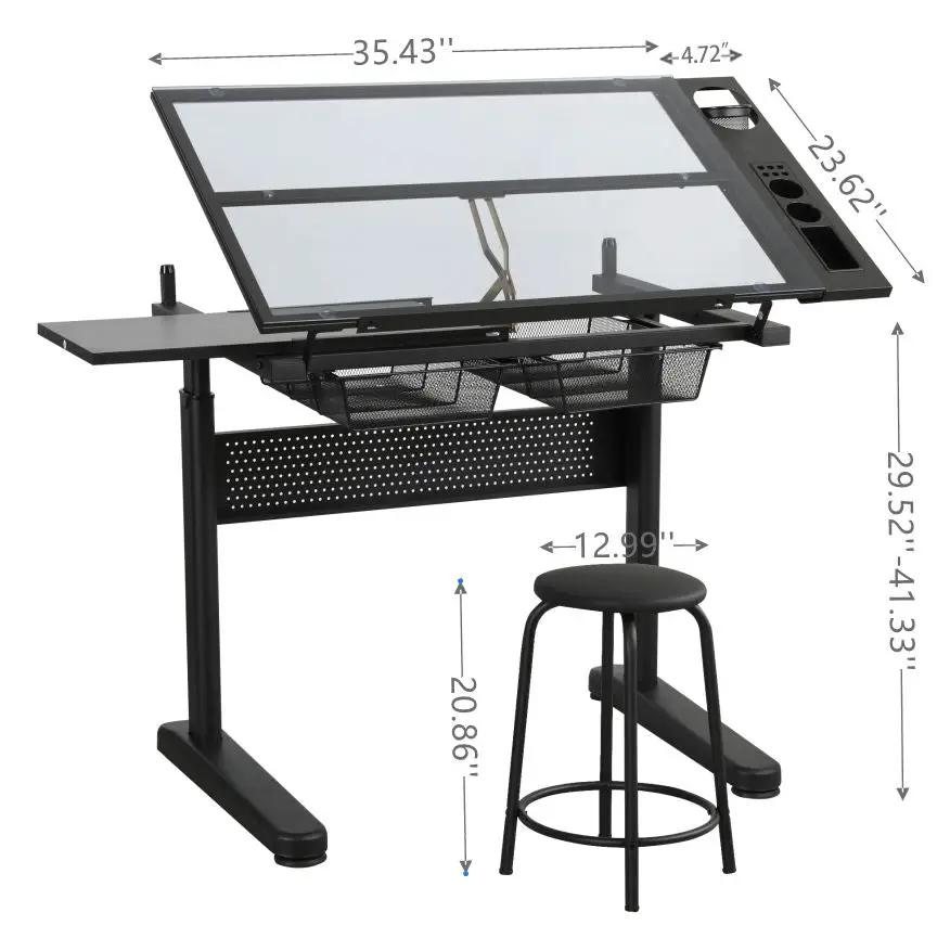 Hand Crank Adjustable Drafting Table Drawing Desk With 2 Metal Drawers With Stool by HouseOfZazla