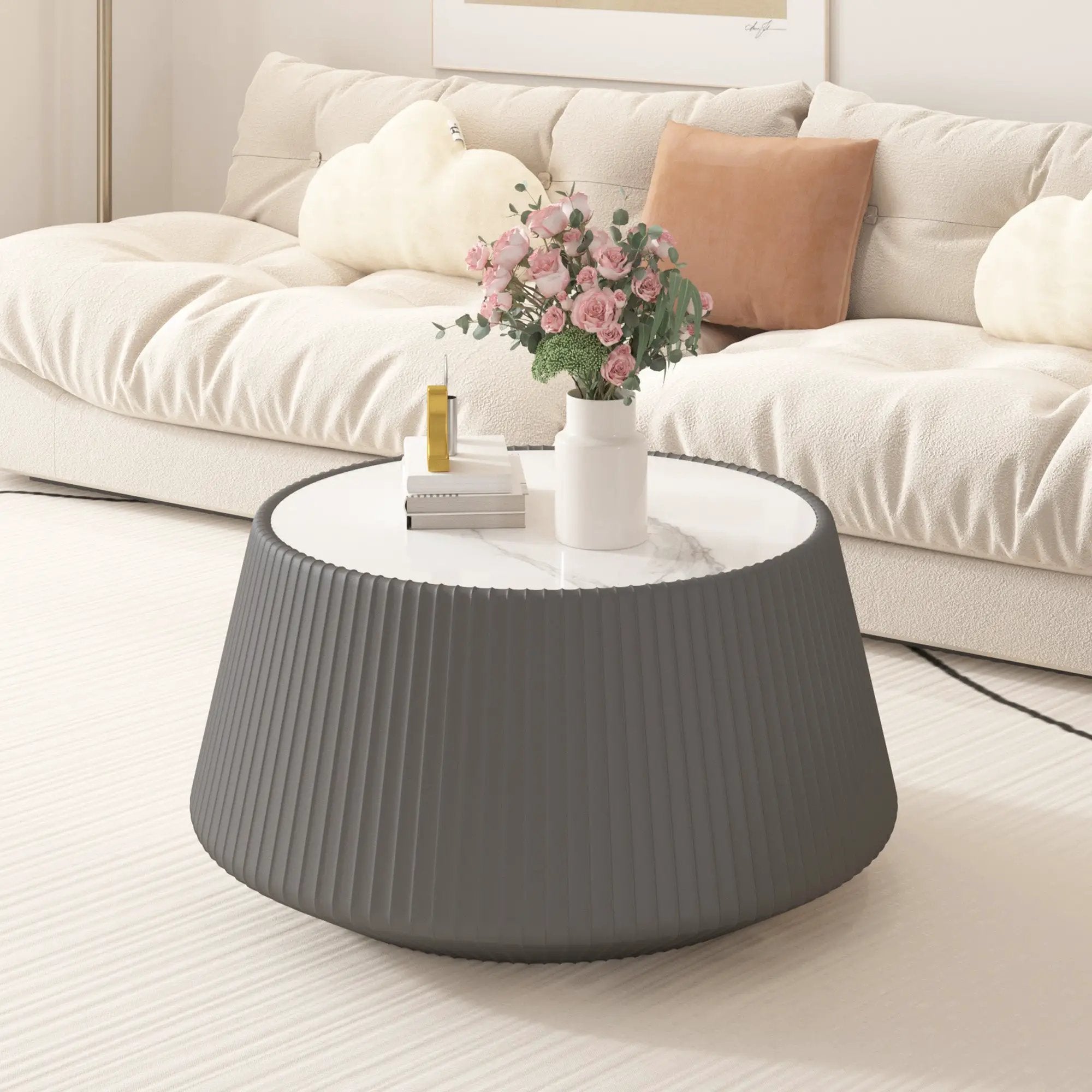 Light Sintered Stone Top Cup Shape Leather Coffee Table by HouseOfZazla