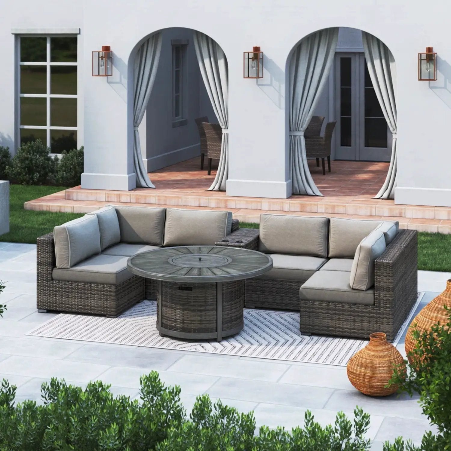 All Weather 4 Person Patio Sofa Set With Fire Pit And Side Table Rustproof - Brown by HouseOfZazla