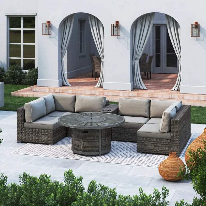 All Weather 4 Person Patio Sofa Set With Fire Pit And Side Table Rustproof - Brown by HouseOfZazla