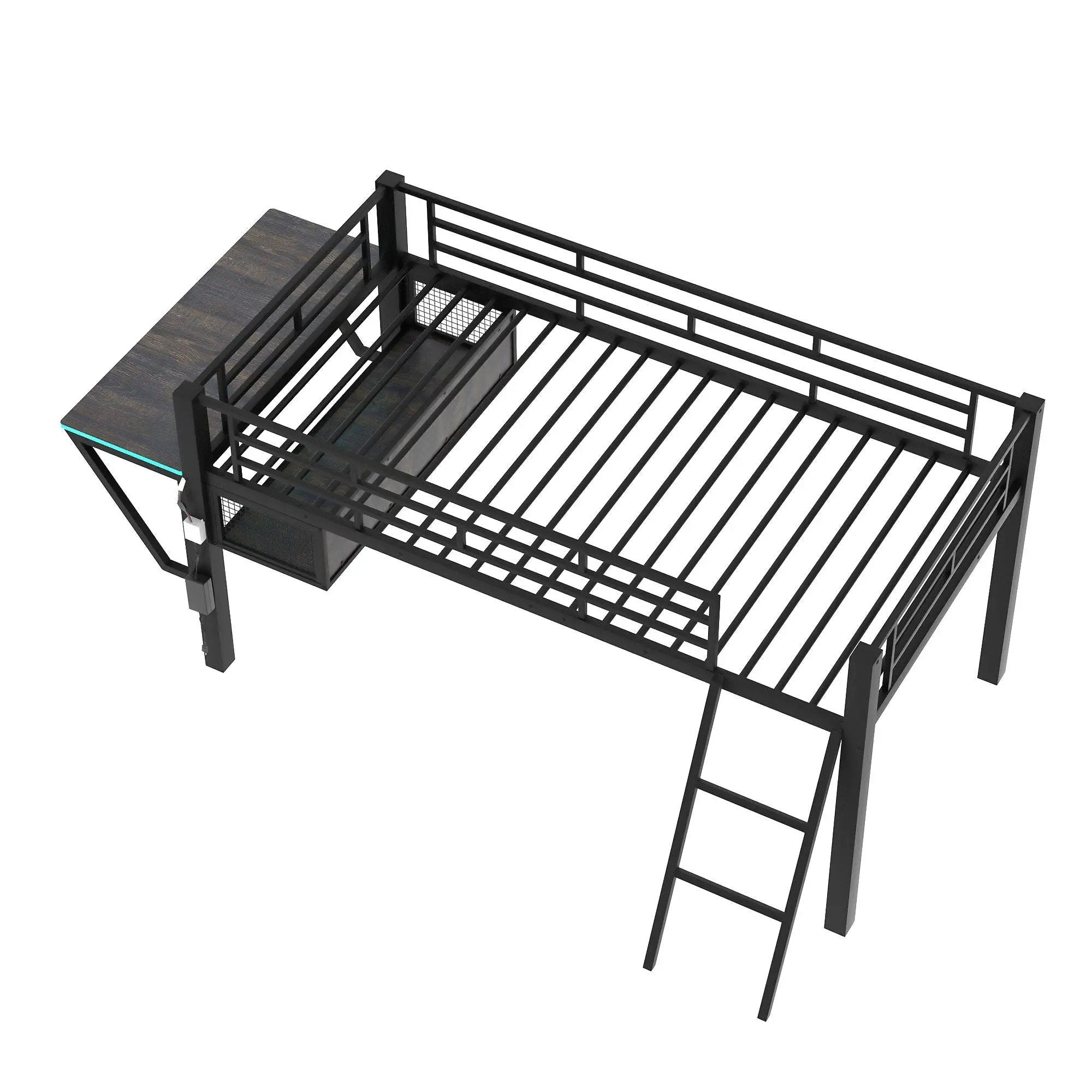 Modern Gaming Mid Loft Bed With Desk And LED Lights