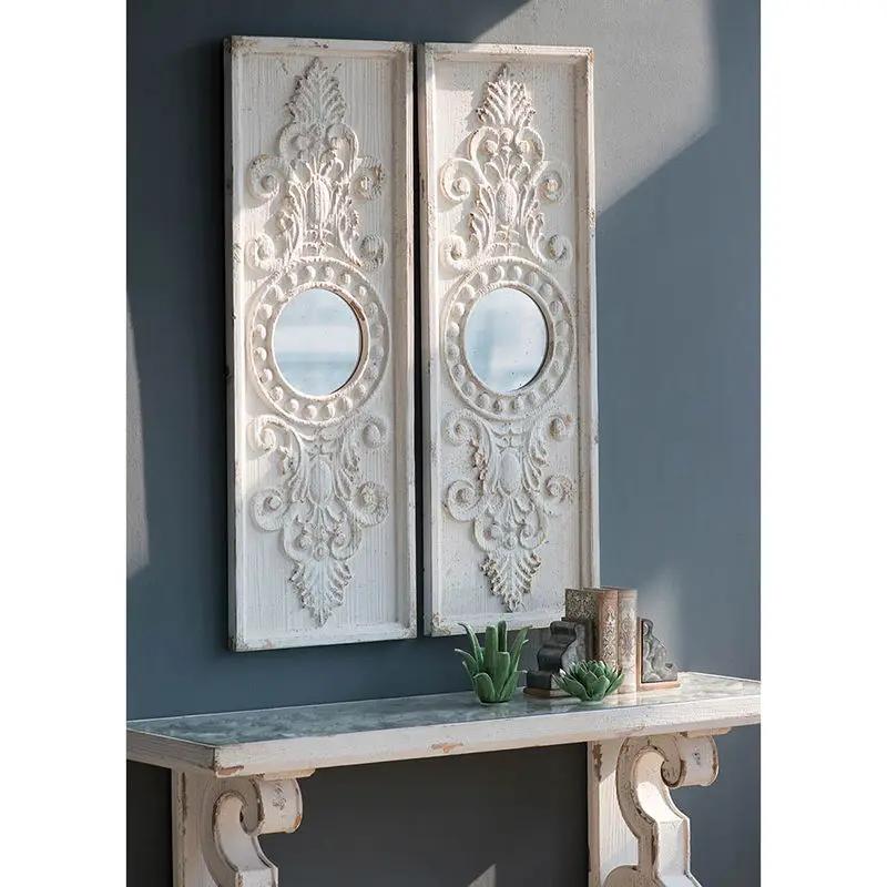 Large Wooden Wall Art Panels With Distressed Round Mirror Accents (Set of 2) - White by Unique Piece Furniture