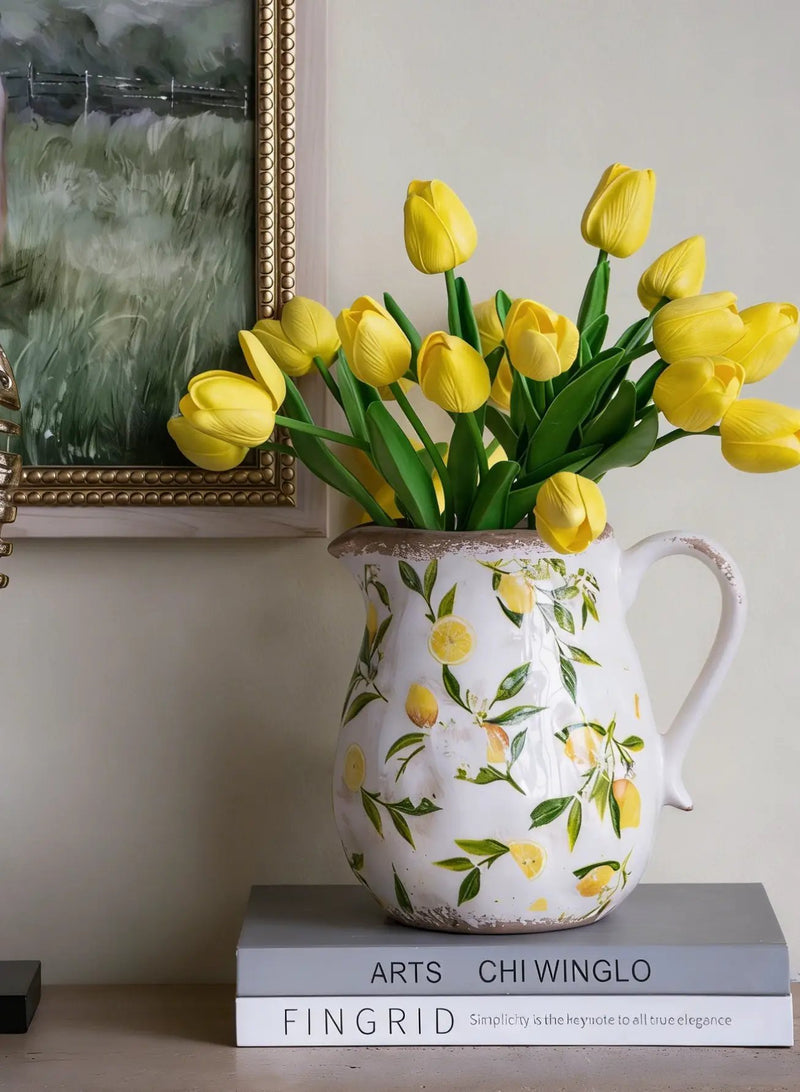 7.9x6.5x7.9' White Ceramic Pitcher Vase with Yellow Lemon Motif by HouseOfZazla