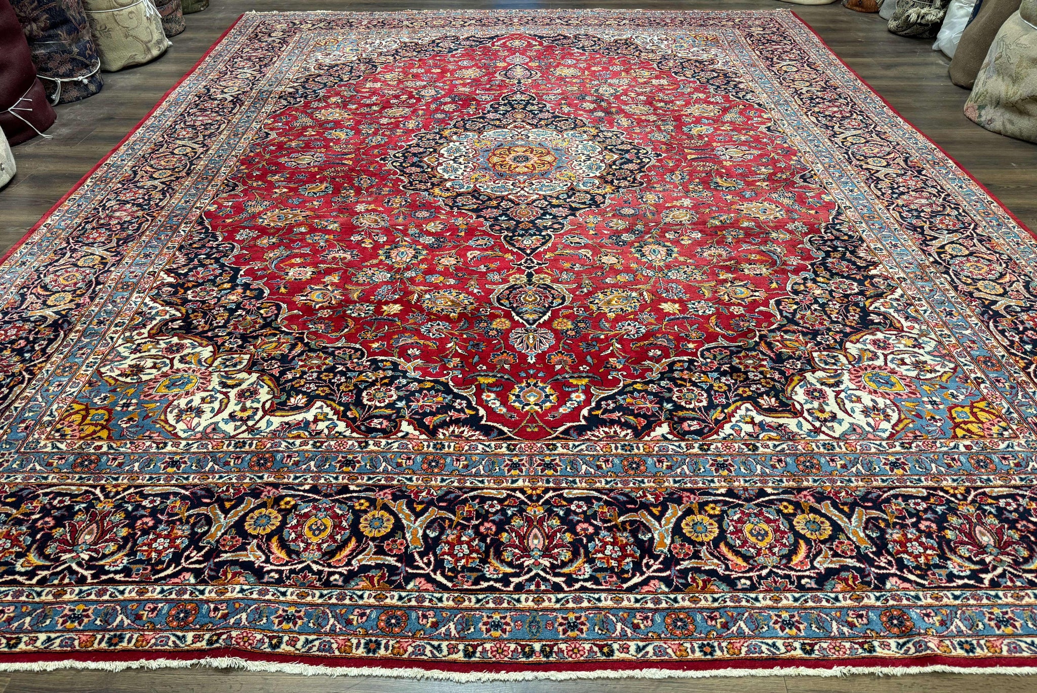 Large Persian Kashan Rug 11x14, Traditional Persian Carpet, Wool, Fine 250 KPSI, Red Navy Blue by Jewel Rugs