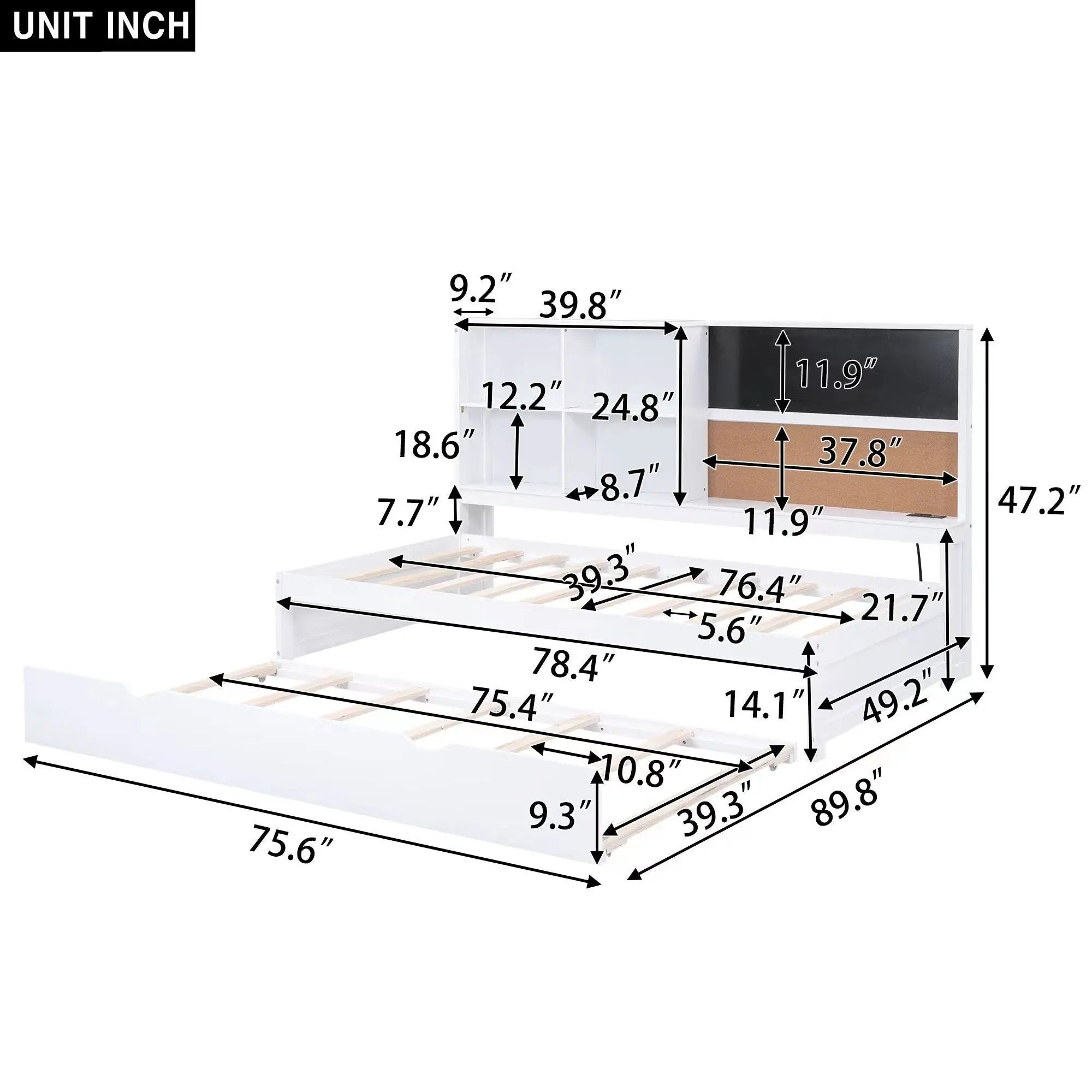 Twin Size Daybed With Storage Shelvesboard, Cork Board, USB Ports And Trundle - White by HouseOfZazla