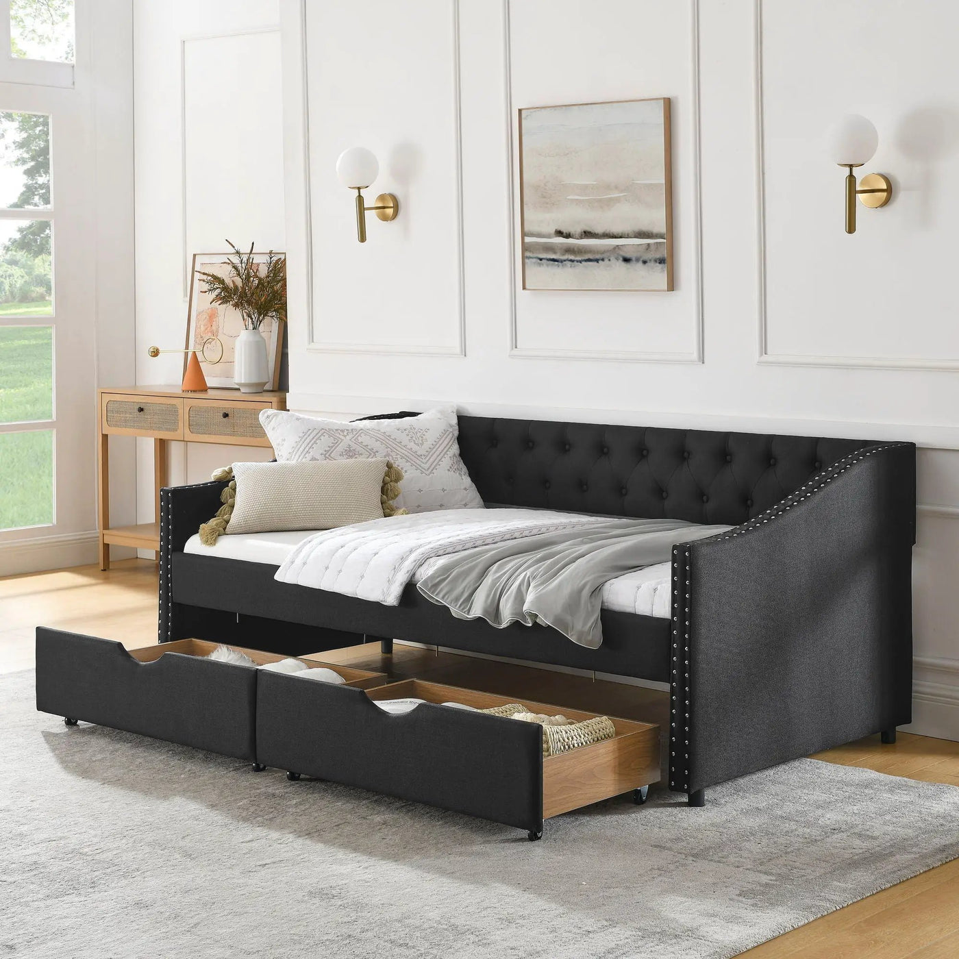 Upholstered Tufted Daybed With 2 Drawers, Waved Arms by Unique Piece Furniture