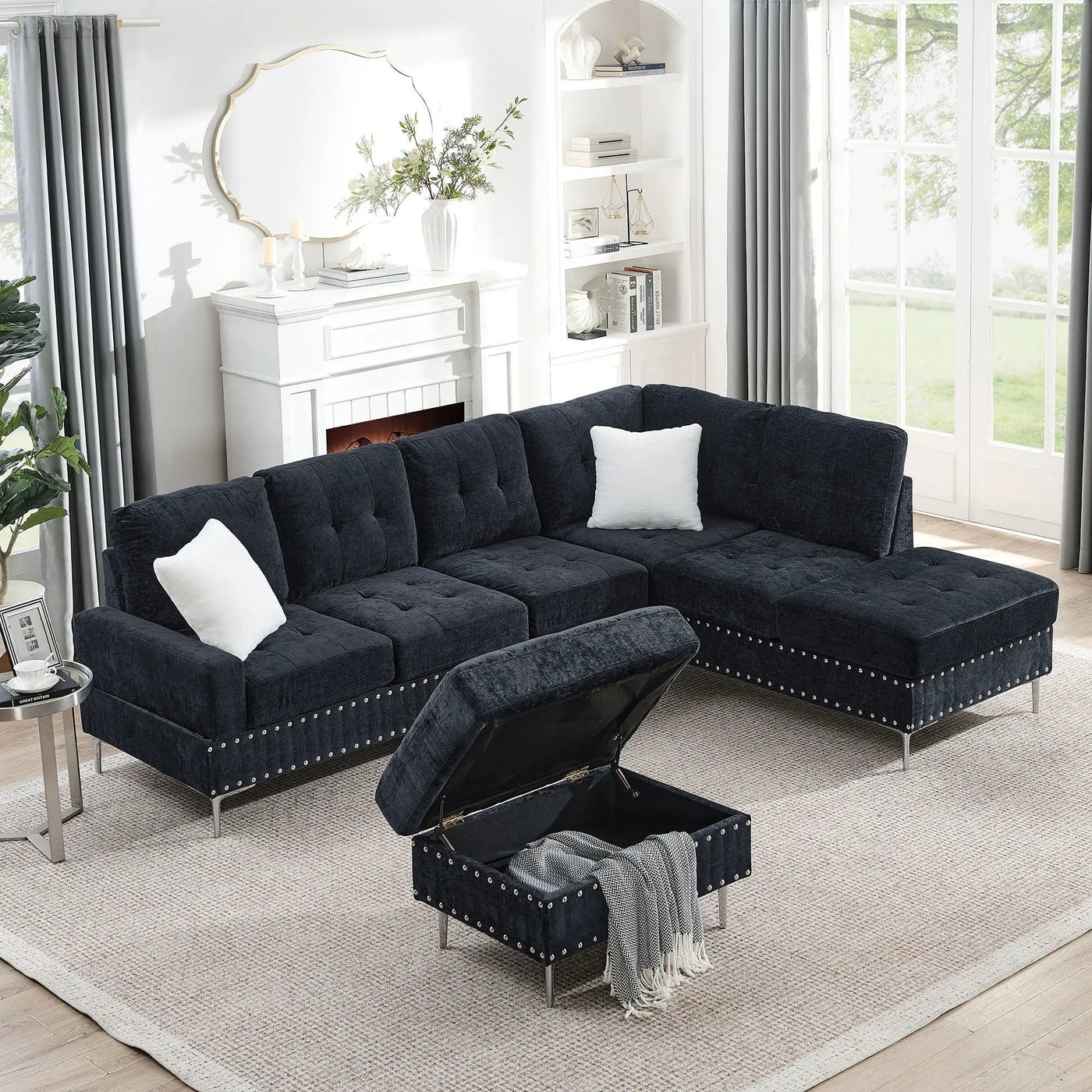 L-Shaped Sectional Sofa With Chaise And Storage Ottoman, Includes 2 Pillows by Unique Piece Furniture