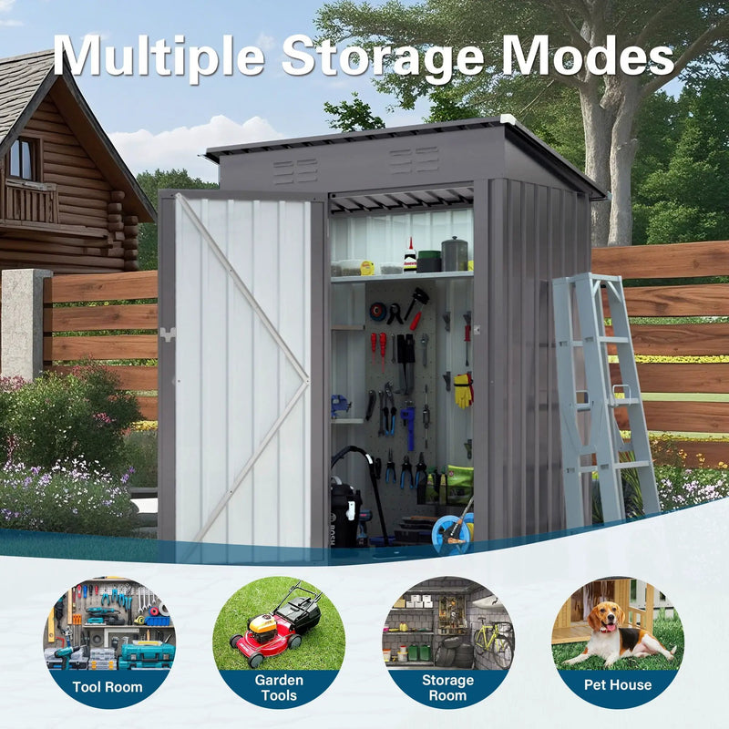 5 X 3 Ft Durable Metal Shed Outdoor Storage Shed With Pitched Roof And Lockable Door - Gray by HouseOfZazla
