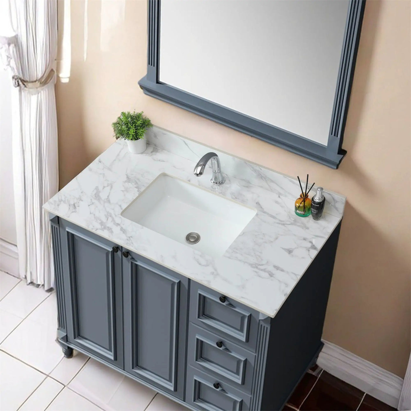 Elegant Bathroom Vanity Top With Rectangular Ceramic Sink And Backsplash by HouseOfZazla