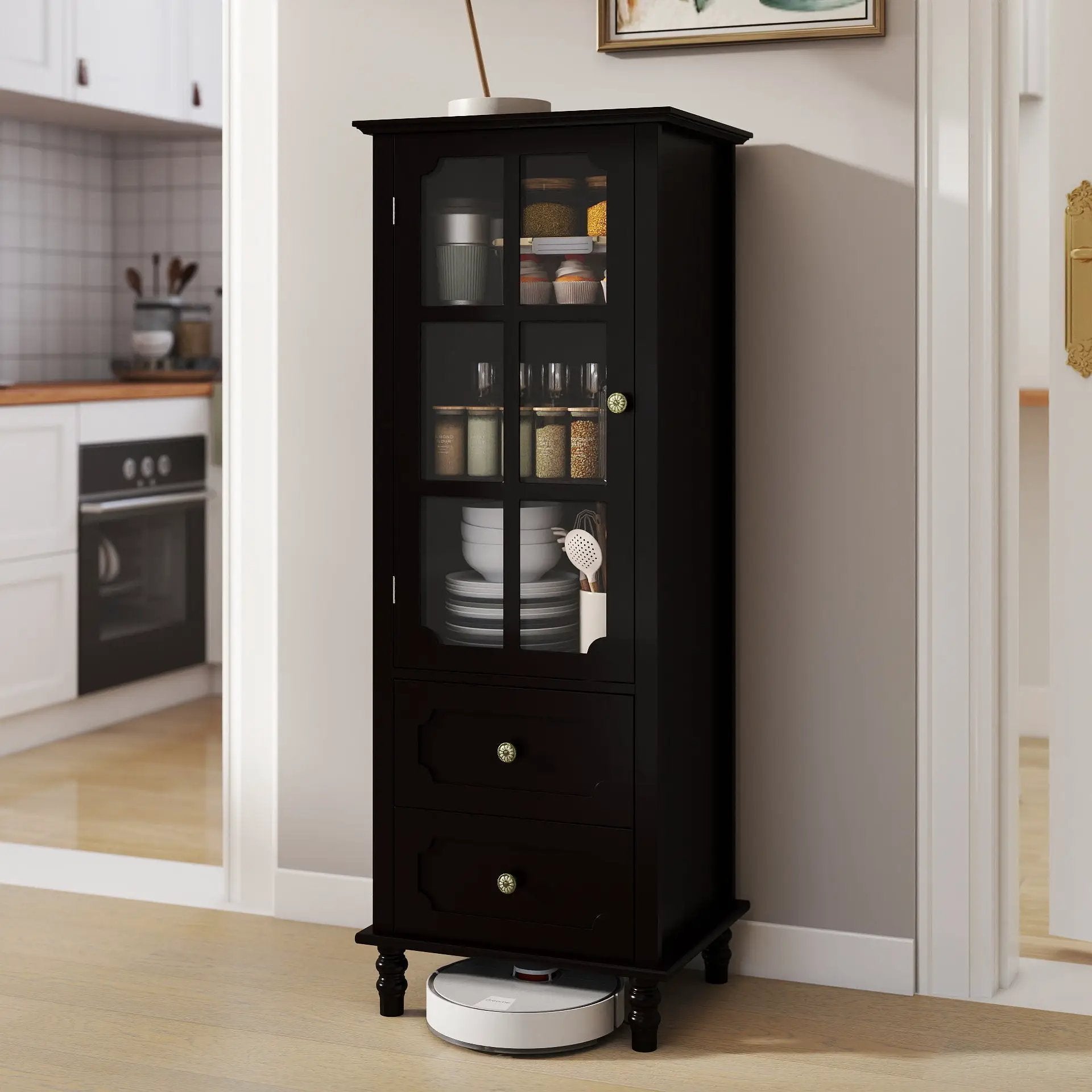 Black Tall Storage Cabinet with Glass Door & 2 Drawers by HouseOfZazla
