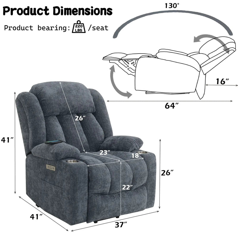Power Motion Recliner With Lift Heating Massage Function - Blue by HouseOfZazla