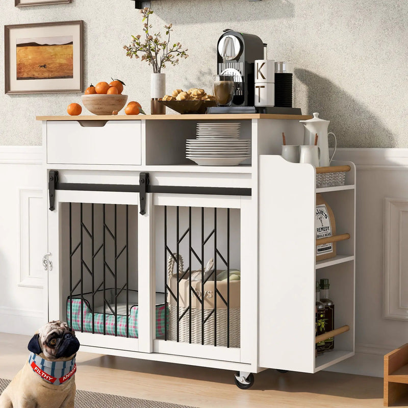 Modern Style 2 In 1 Pet Friendly Dog Crate Kitchen Island End Table Metal Pine - Natural / White by Unique Piece Furniture
