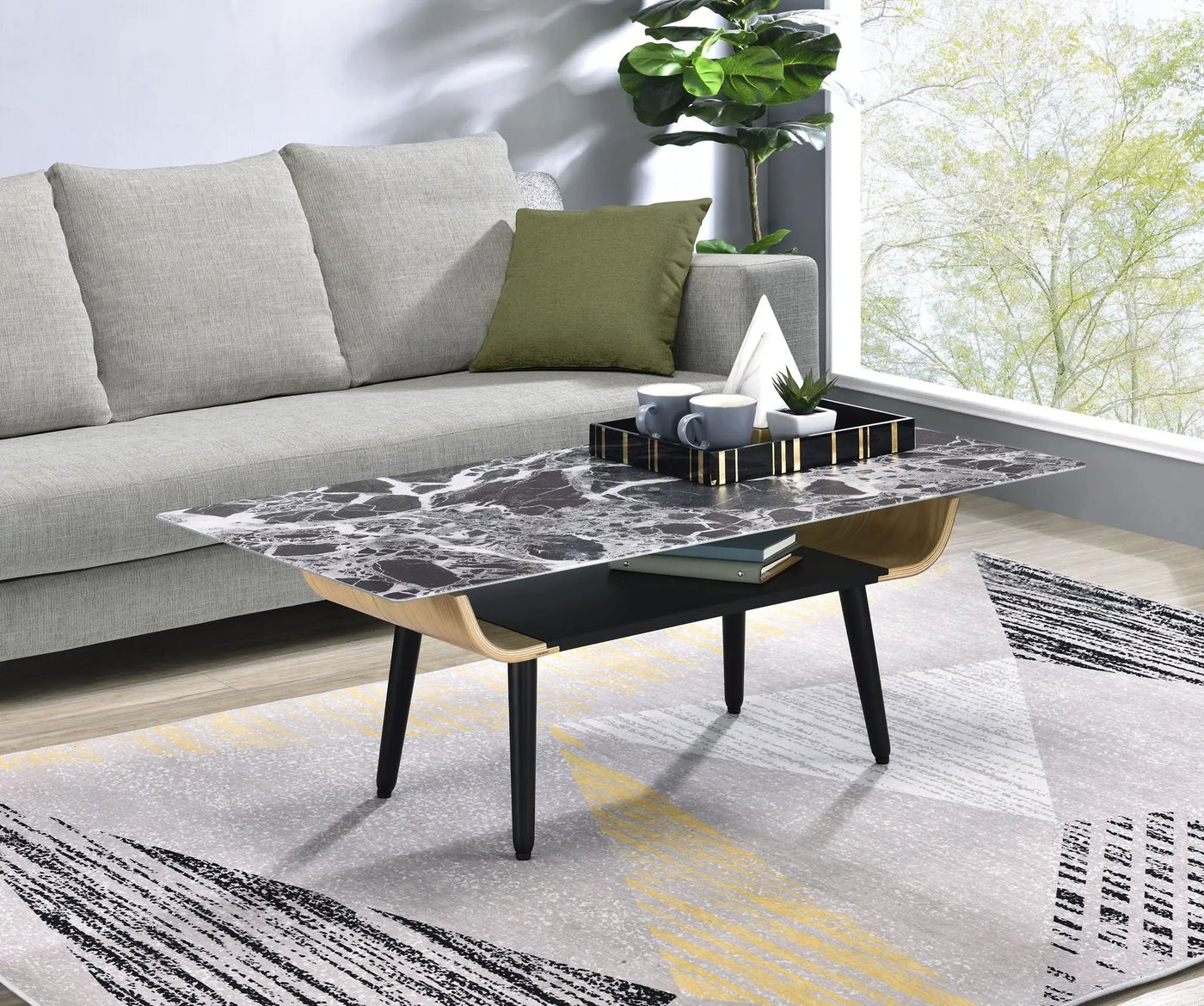 Landon - Coffee Table With Glass Marble Texture Top And Bent Wood Design by HouseOfZazla