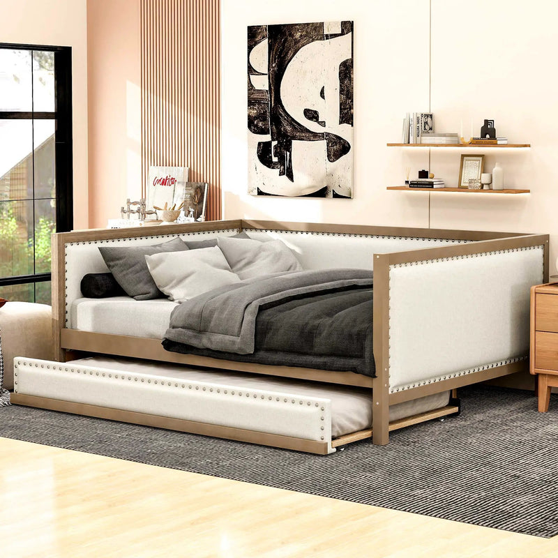 Full Size Daybed With Trundle And Nailhead Decoration - Wood by HouseOfZazla