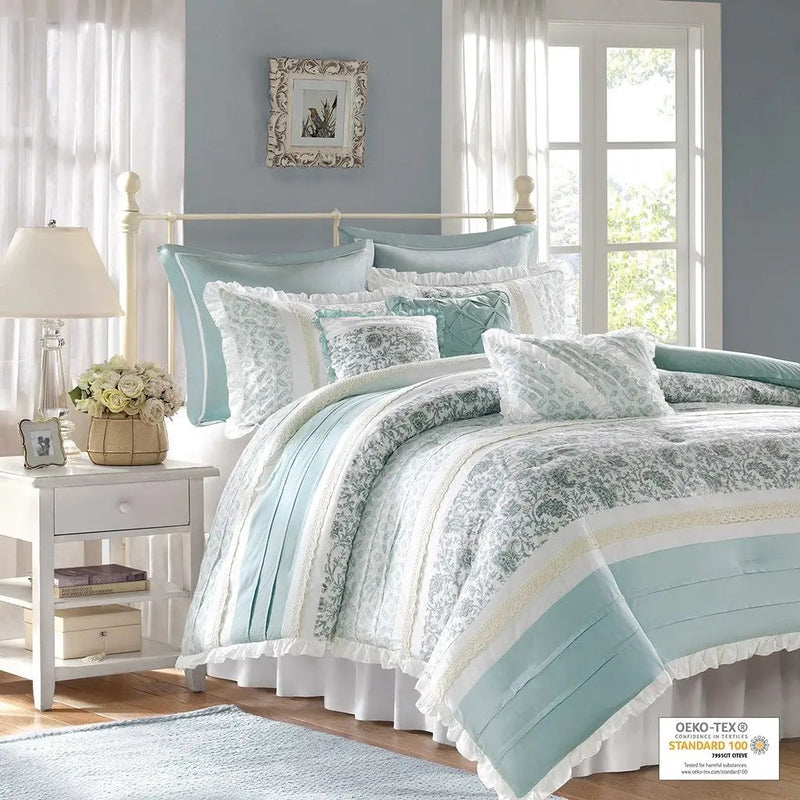 9 Piece Cotton Percale Comforter Set Aqua by HouseOfZazla