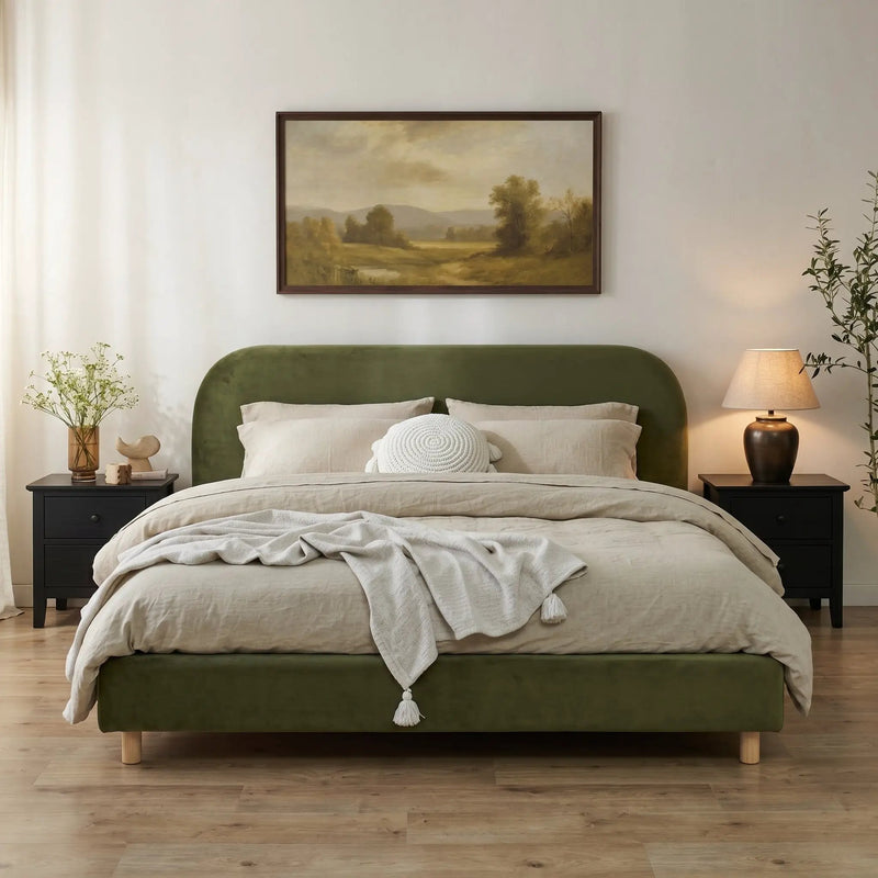 California King Size Upholstered Bed Frame With Velvet Fabric And Curve Design Thick Headboard, Solid Wood Legs, Olive by HouseOfZazla