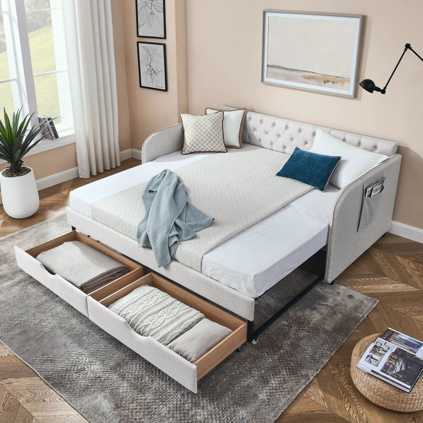 Daybed With Trundle And Storage Drawers, Flat Arms With Pocket by Unique Piece Furniture