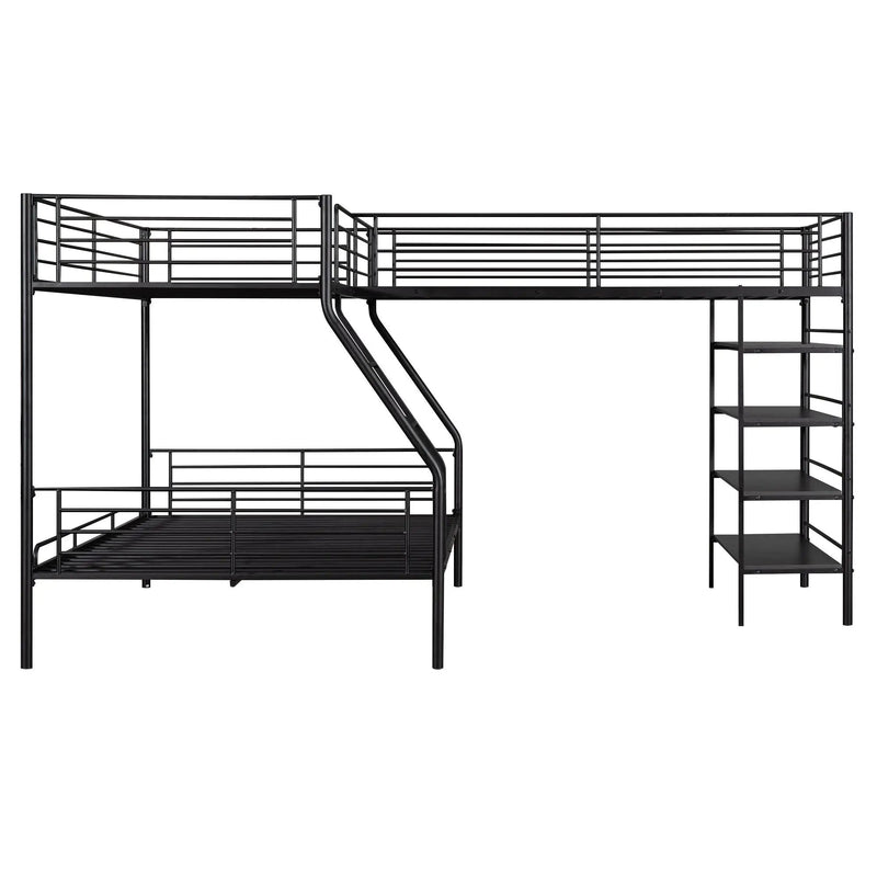 L-Shaped Twin Over Full Bunk Bed And Twin Loft Bed With 4 Built In Shelves - Black by Unique Piece Furniture