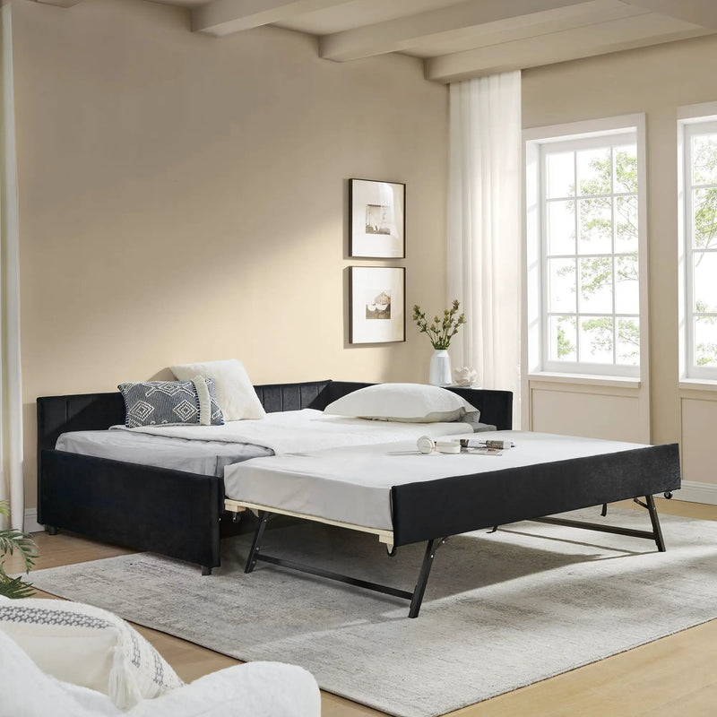 Full Size Upholstered Daybed With Trundle, Tufted Backrest And Armrests - Black by Unique Piece Furniture