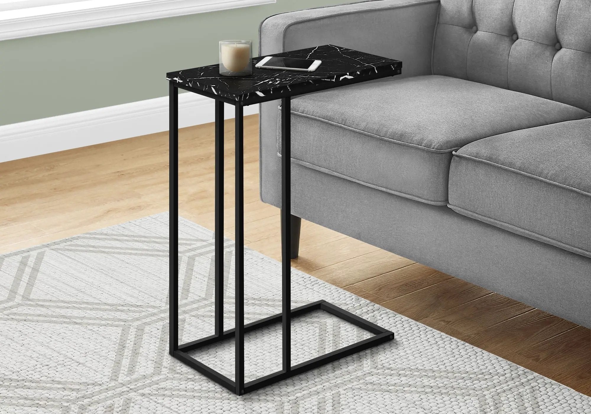 Accent Table, C - Shaped, Marble Look Modern Design - Black by Unique Piece Furniture