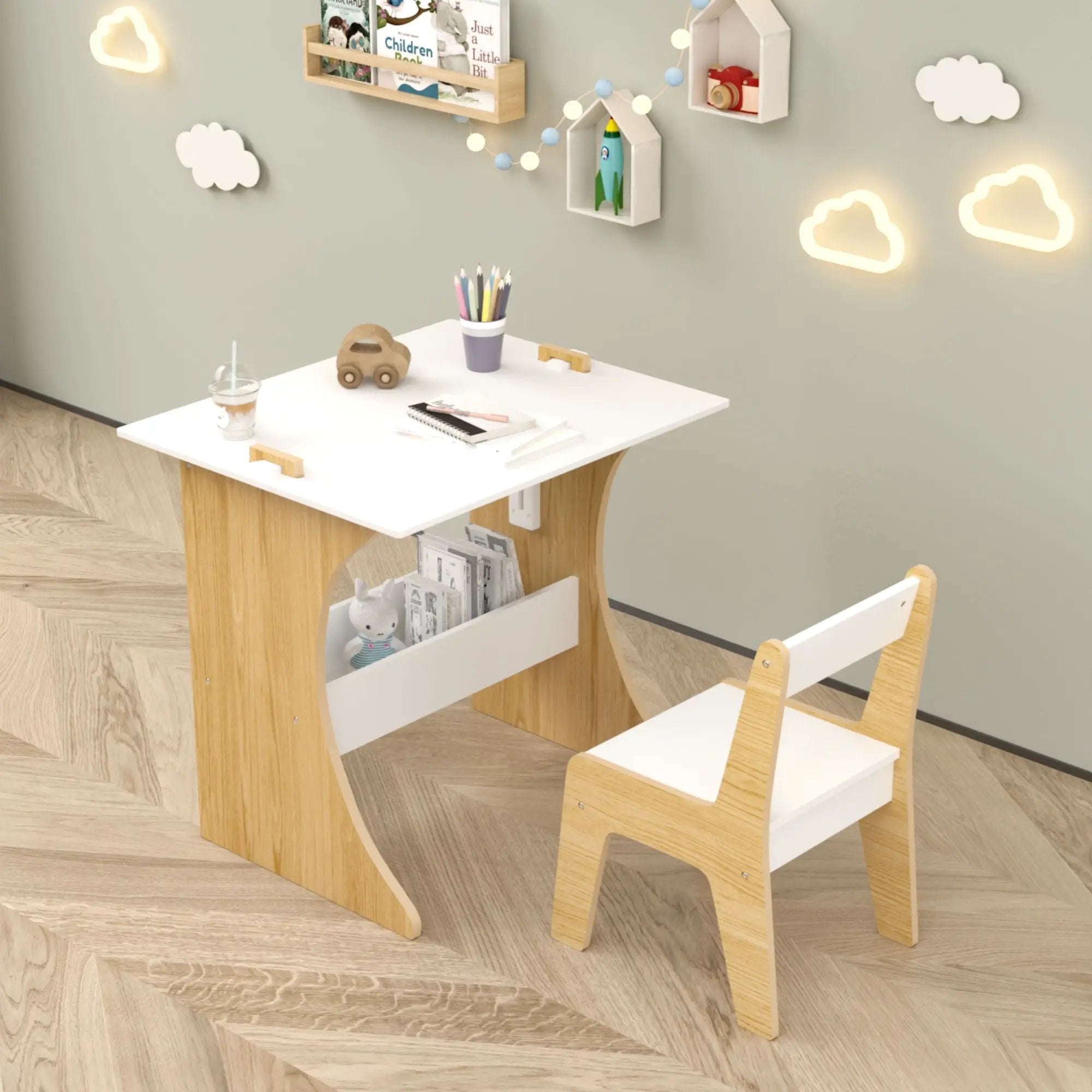 Table Set With 1 Chair, Multifunctional Study Table Convertible Top for Study, Drawing & Play - White by HouseOfZazla