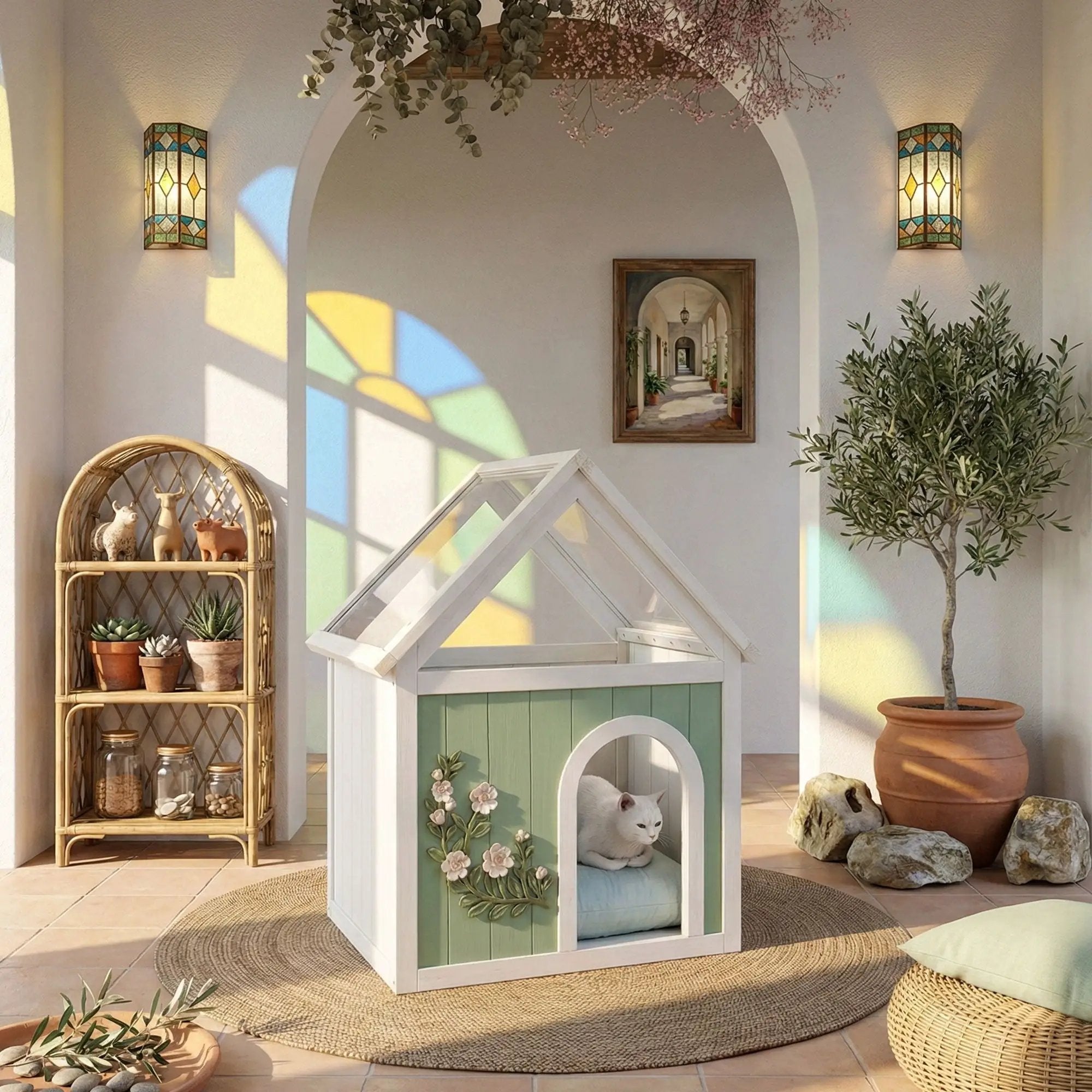 Indoor Cat House With Clear Roof Pet House For Small Cats & Dogs - Mint / White by HouseOfZazla