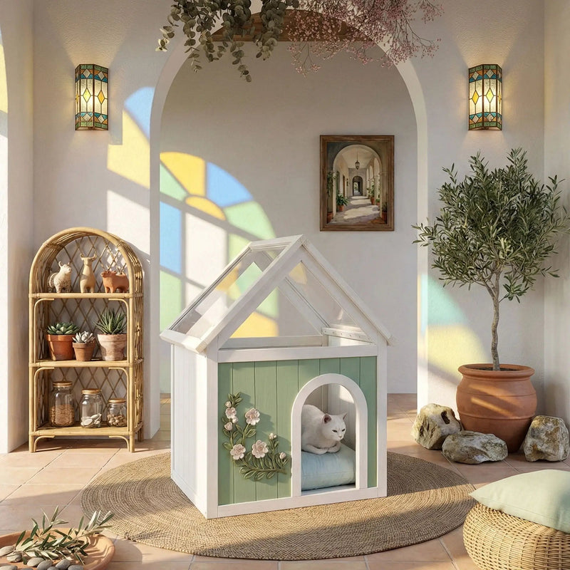 Indoor Cat House With Clear Roof Pet House For Small Cats & Dogs - Mint / White by HouseOfZazla