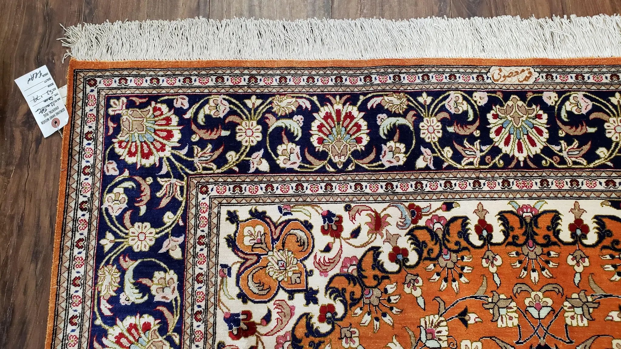 Vintage Persian Qum Silk Rug 4.6 x 6.7, Burnt Orange and Navy Blue, Antique Oriental Very Fine Signature Master Weaver 350+ KPSI Ghom Qom 5x7 Rug by Jewel Rugs