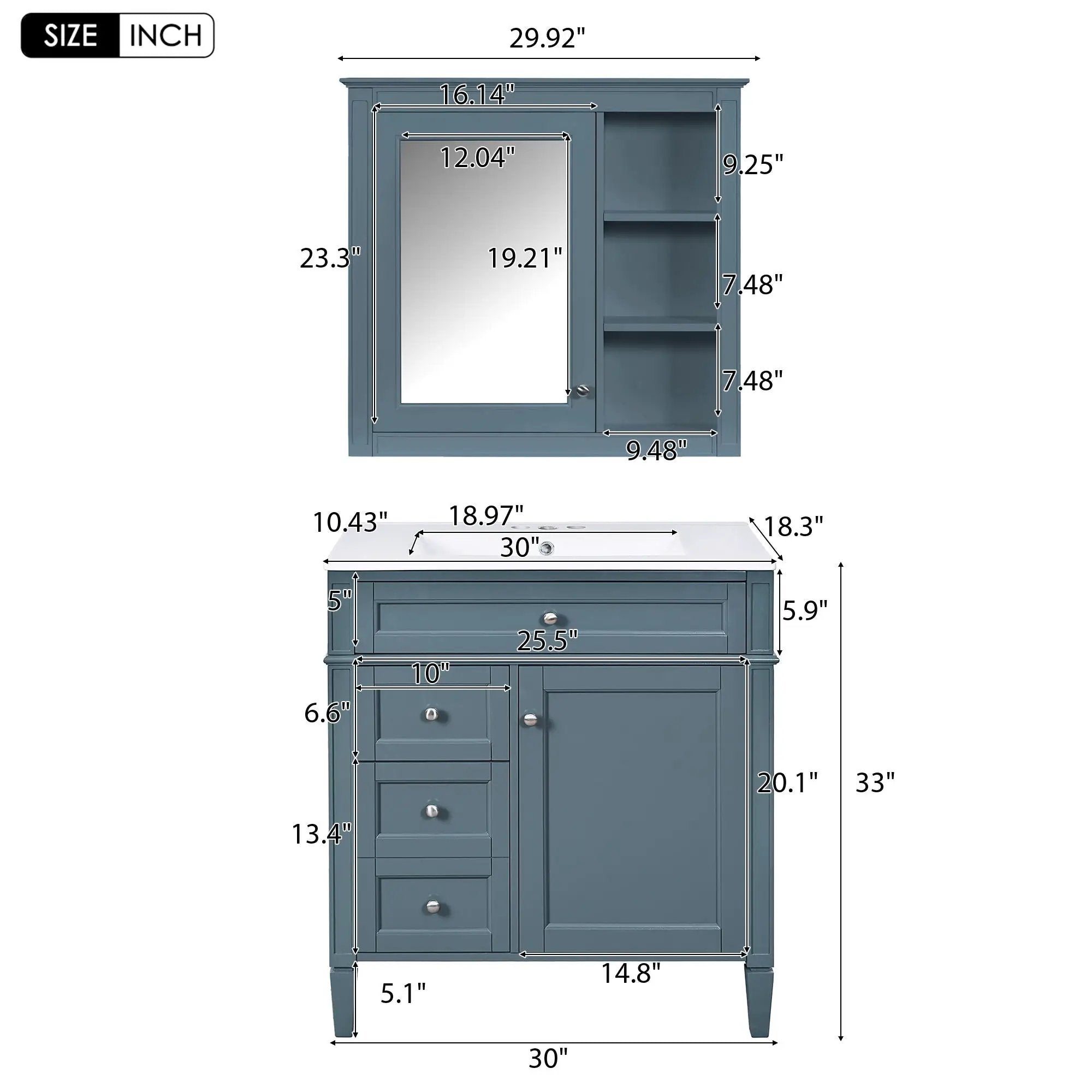 Bathroom Vanity With Medicine Cabinet, Royal Mirror Cabinet, Modern Bathroom Storage Cabinet With 2 Soft Closing Doors And 4 Drawers by Unique Piece Furniture