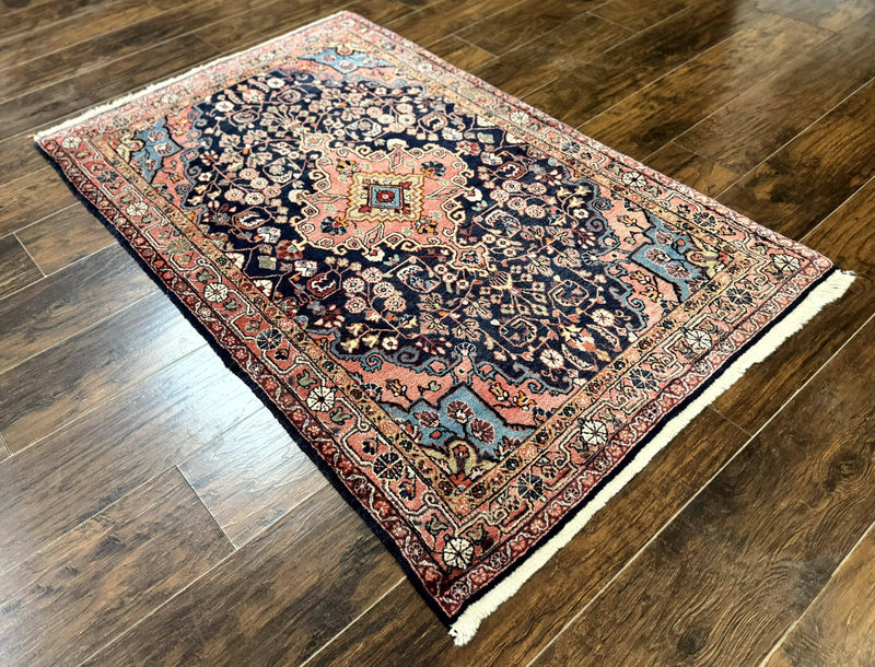 Persian Rug 3x5, Jozan Sarouk Rug, Navy Blue and Coral, Medallion Rug, Semi Antique by Jewel Rugs