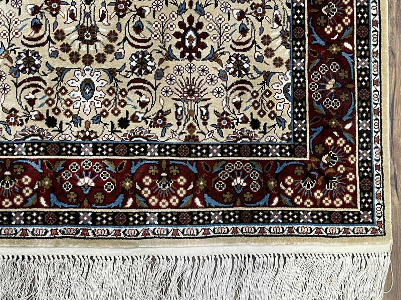 Fine Sino-Persian Silk Rug 3x5, High Quality Silk Carpet, Handmade Small Silk Rug, Allover Repeated Motif, Tan Maroon Blue Vintage Silk Rug by Jewel Rugs