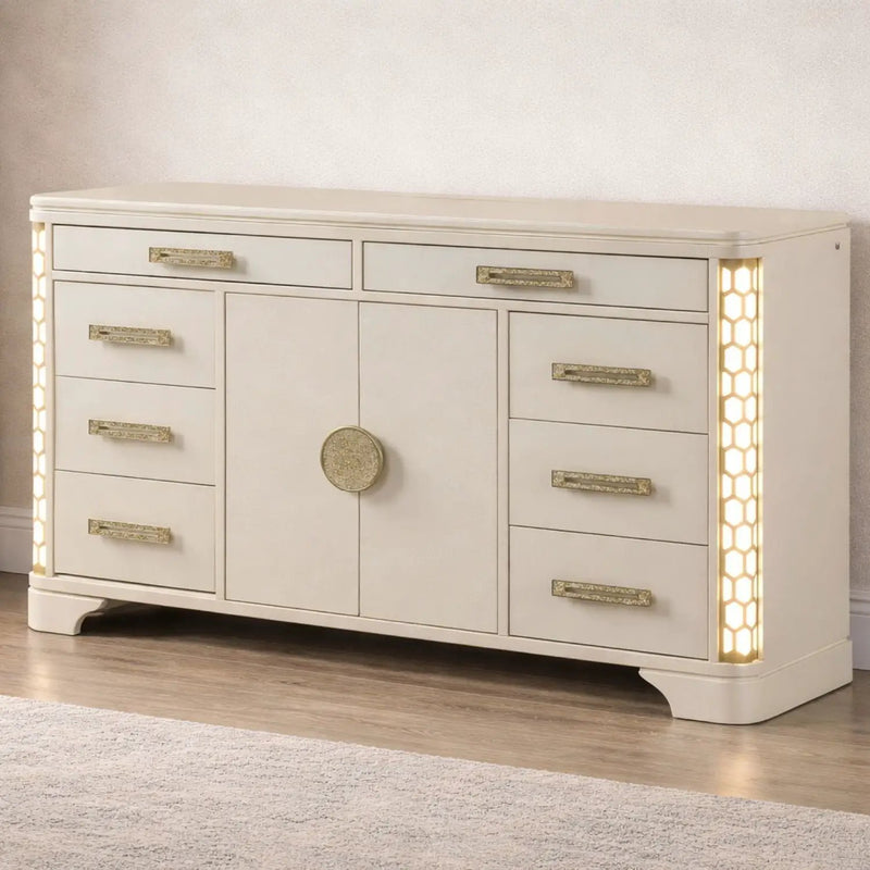Jasmine - 8 Drawer Dresser With Side LED Lightning - Beige by HouseOfZazla