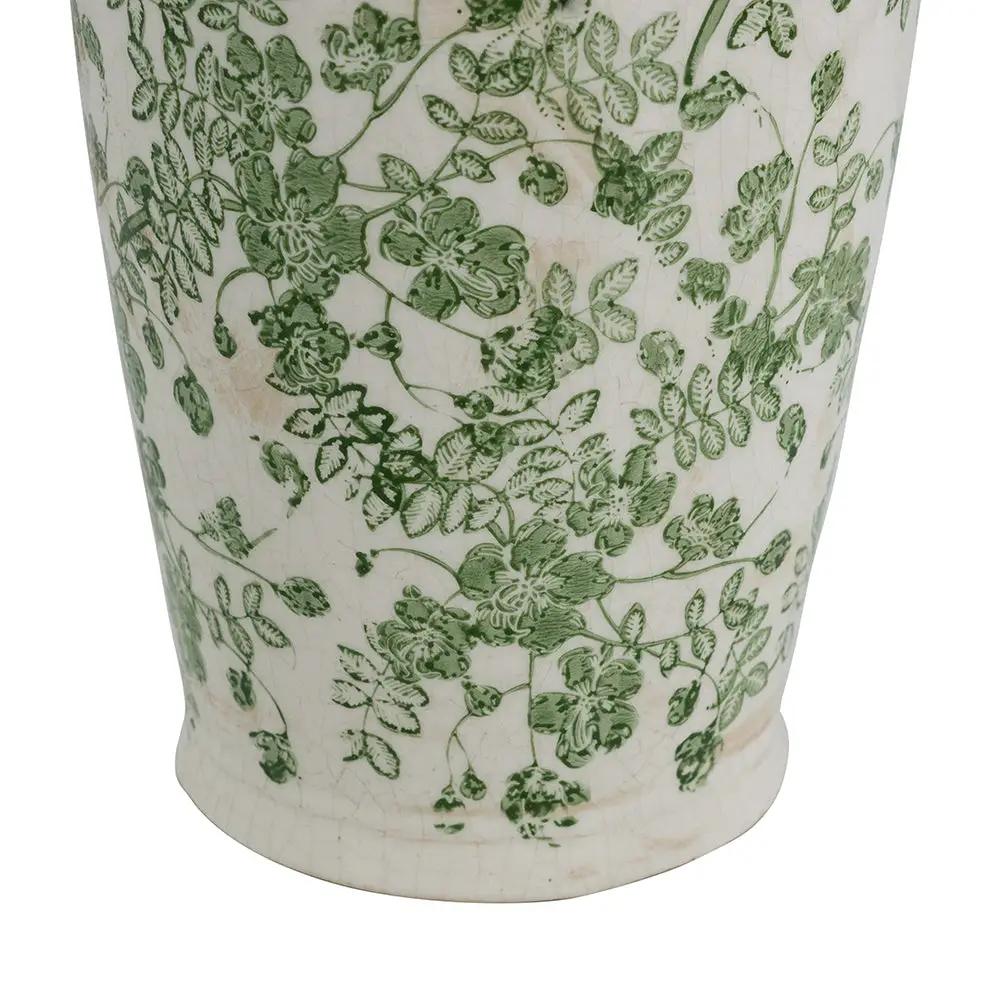 6.5x6.5x11.6 White Ceramic Flower Vase with Green Floral Pattern by HouseOfZazla