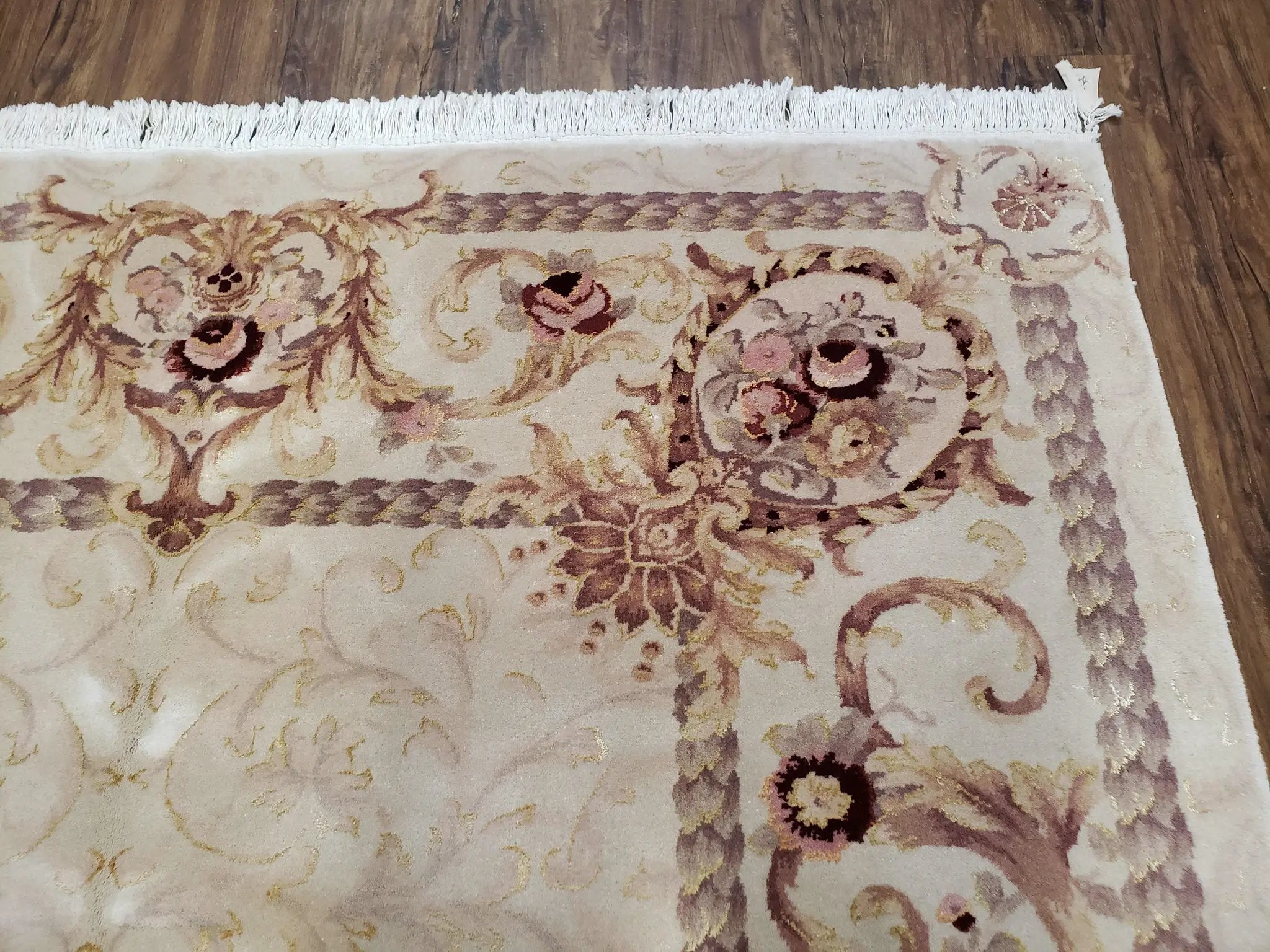 Vintage Ivory Chinese Aubusson Area Rug 6x9, Wool & Silk, Hand-Knotted 120 Line Fine Rug, European Design Carpet, 6 x 9 Master Signature Rug by Jewel Rugs