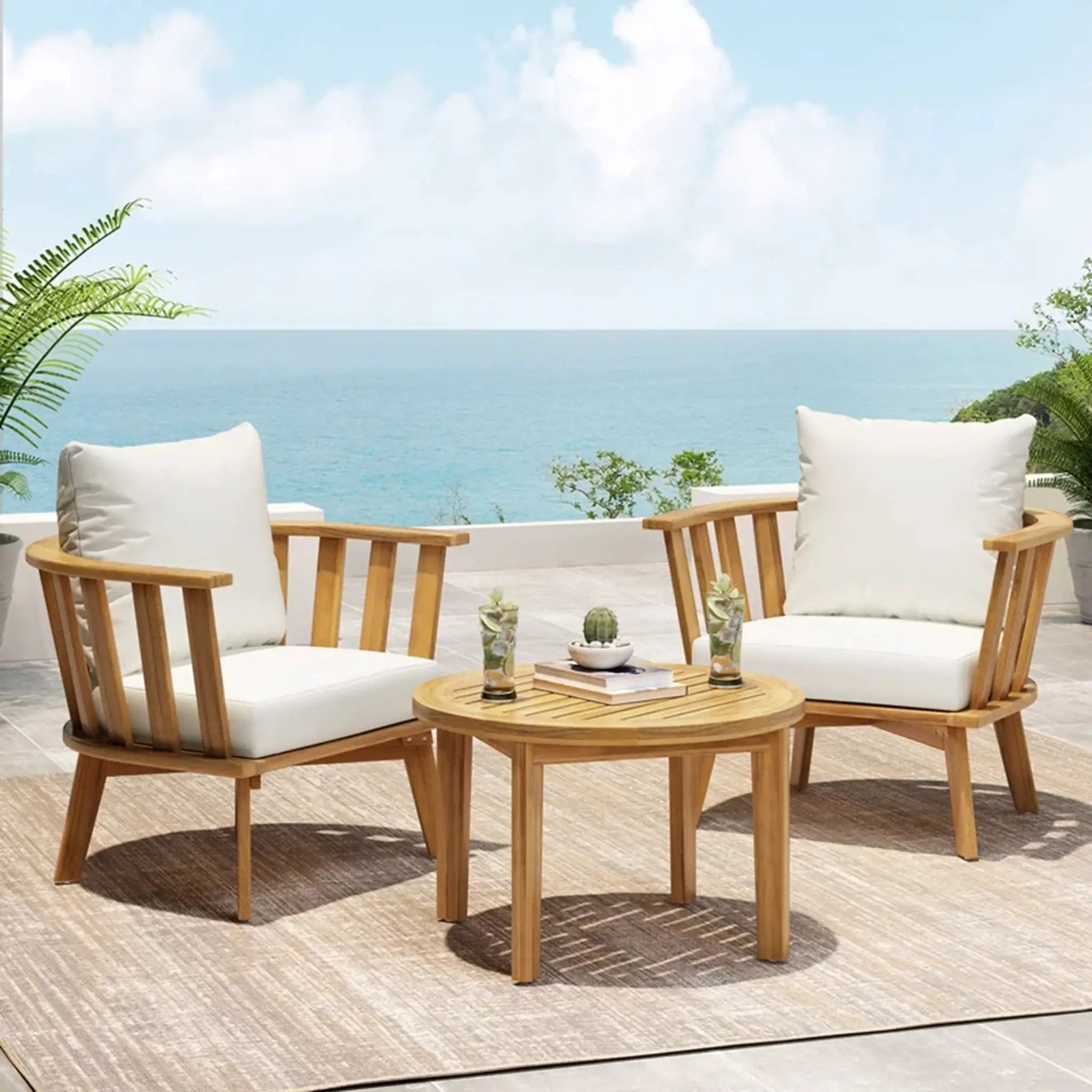 Patio Furniture Set, Outdoor Acacia Wood Patio Club Chair With Table by HouseOfZazla