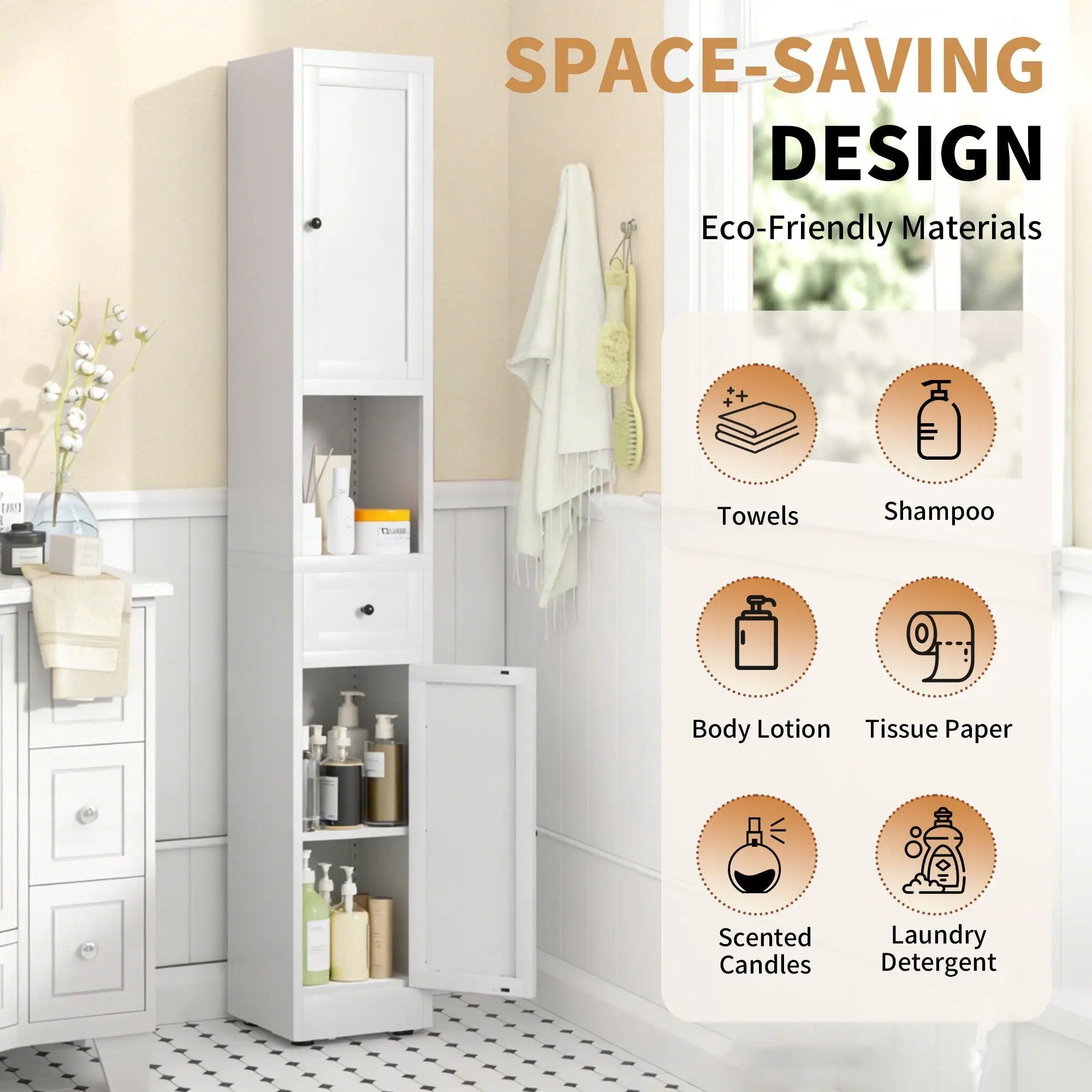 Tall Narrow Bathroom Cabinet With 5-Tier Storage, Adjustable Shelves, Freestanding - White by HouseOfZazla
