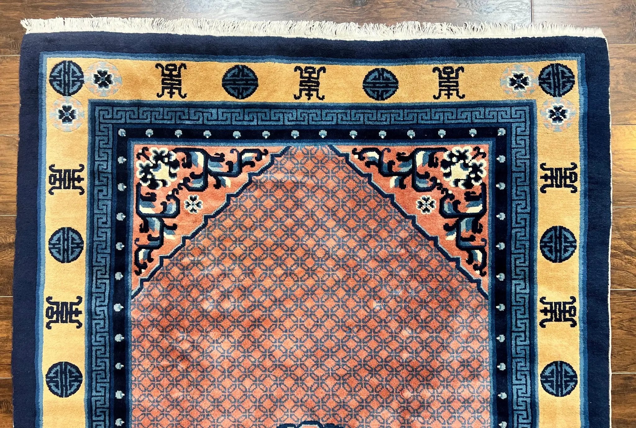 Chinese Peking Rug 5x8, Vintage Semi Antique Chinese Art Deco Carpet, Wool Pile Light Red/Salmon Gold Navy Blue, Handmade Asian Oriental Rug by Jewel Rugs