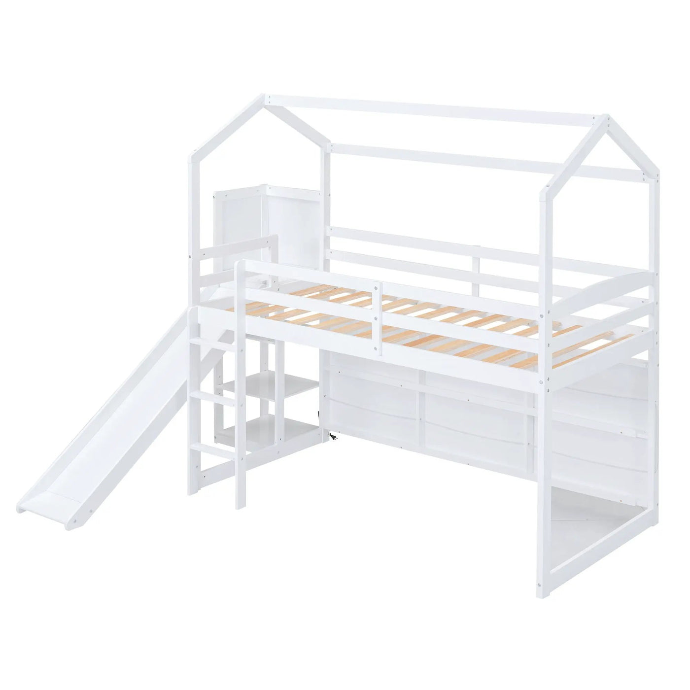 House Loft Bed With Slide, Storage Shelves And Light, Climbing Ramp by HouseOfZazla