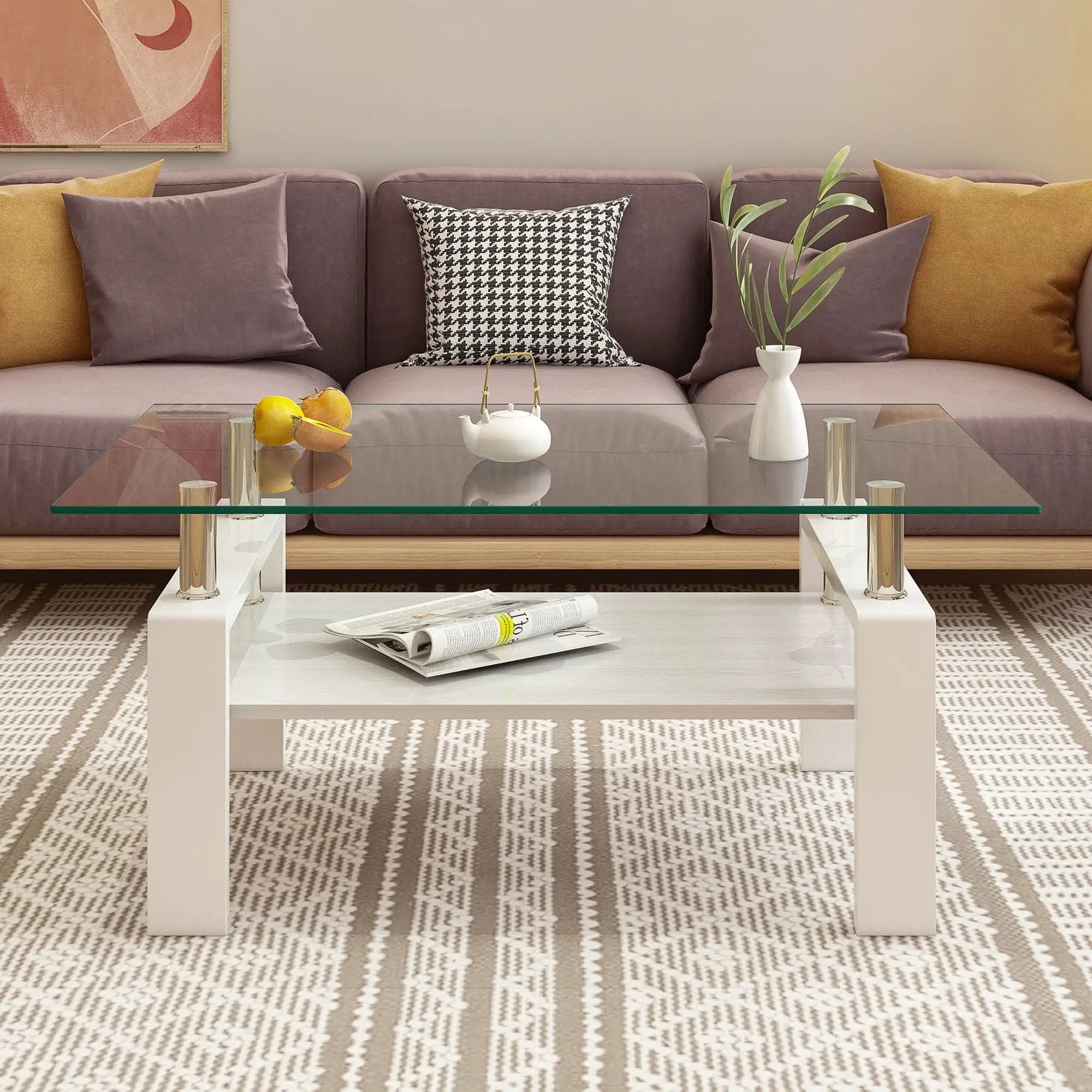Modern Rectangular Coffee Table With Tempered Transparent Glass Top And Storage Shelf by Unique Piece Furniture