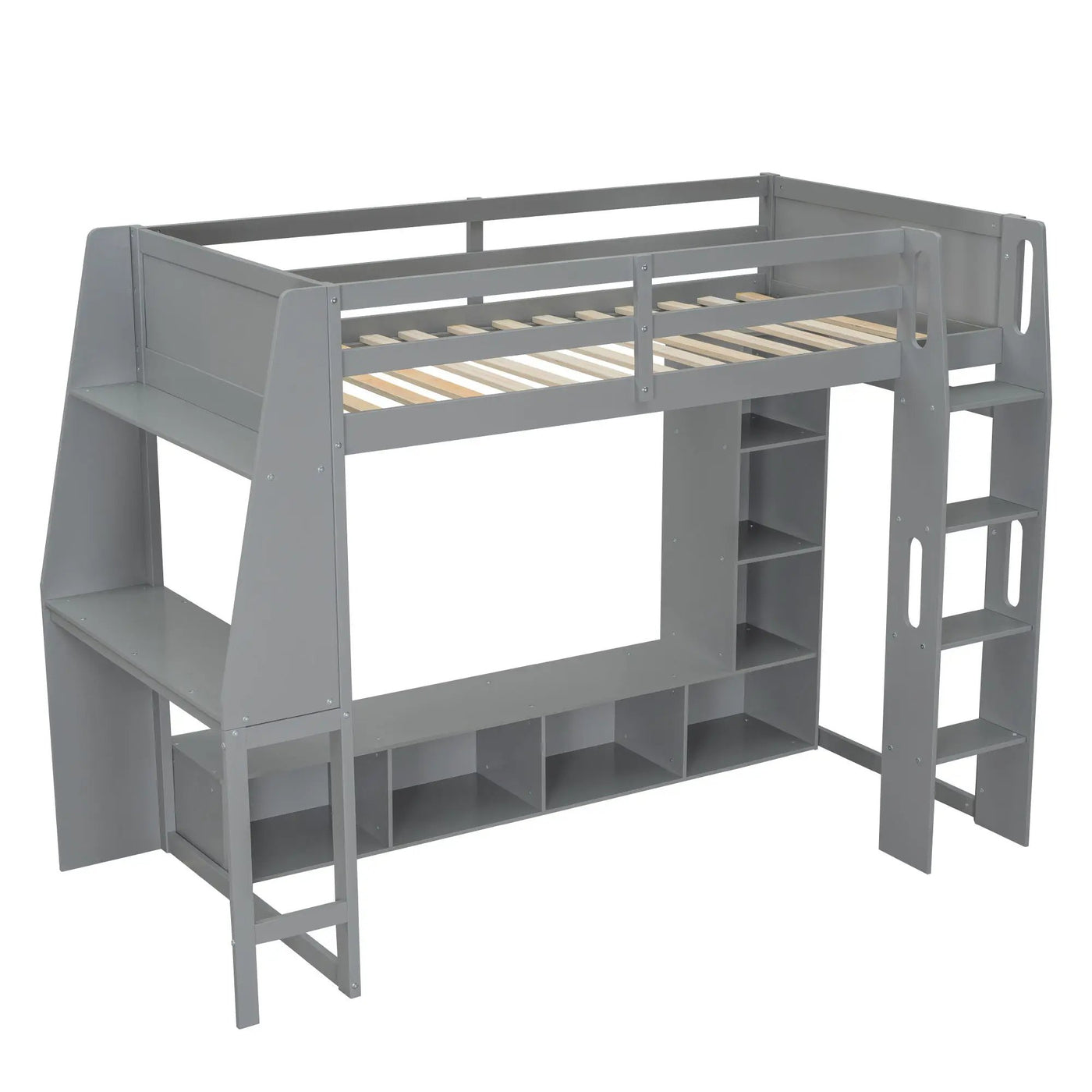 Gaming Loft Bed With Desk, Multi Storage Shelves, LED Lighting, And Hanging Clothes Rack by HouseOfZazla