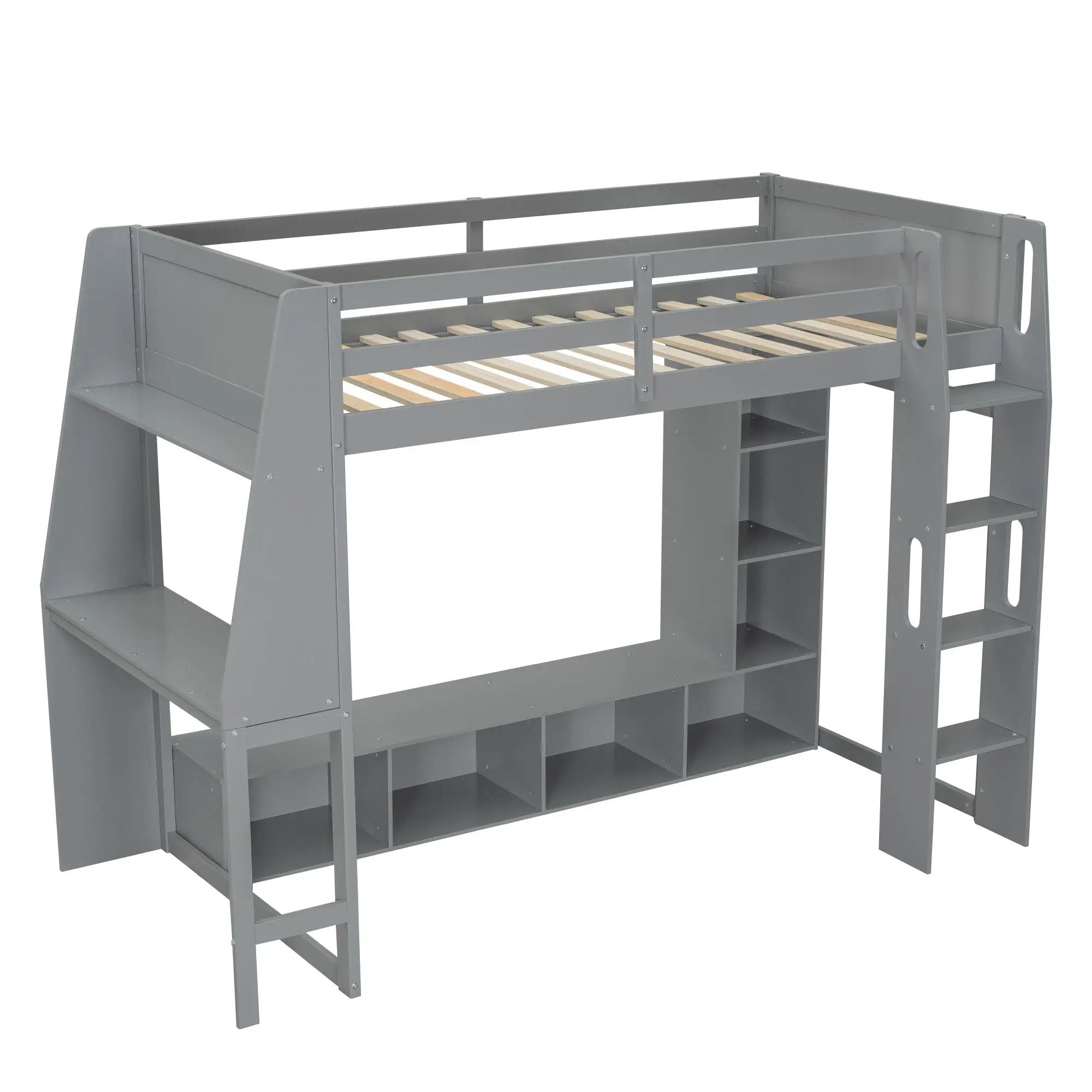 Gaming Loft Bed With Desk, Multi Storage Shelves, LED Lighting, And Hanging Clothes Rack by HouseOfZazla