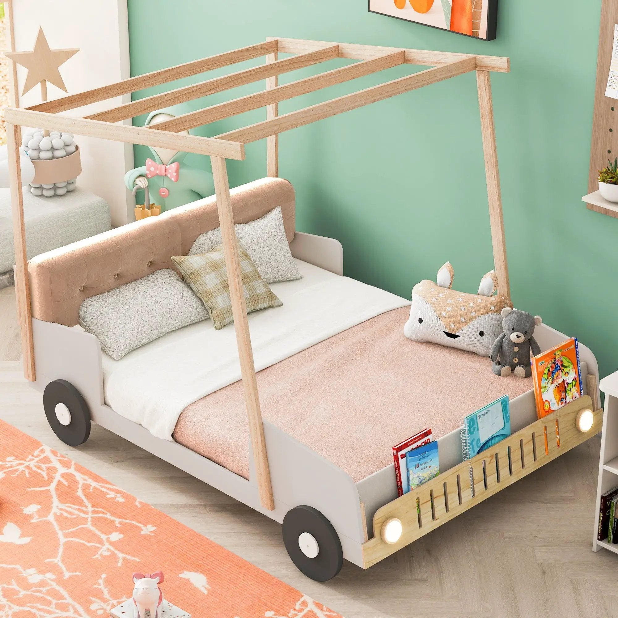 Twin Size Car Bed & Pillow, Ceiling Cloth And LED - Natural by Unique Piece Furniture