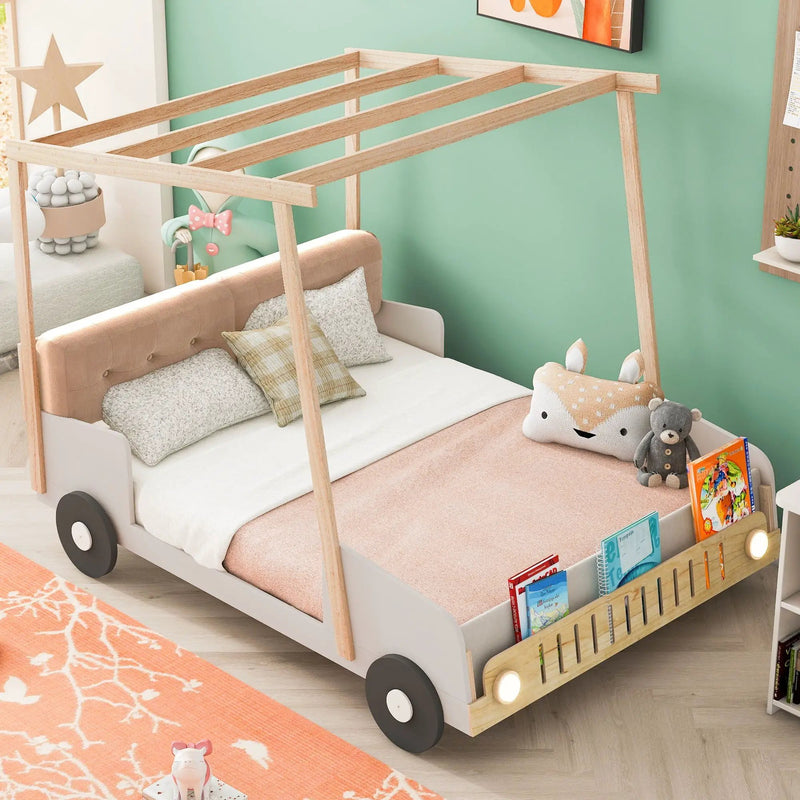 Twin Size Car Bed & Pillow, Ceiling Cloth And LED - Natural by Unique Piece Furniture