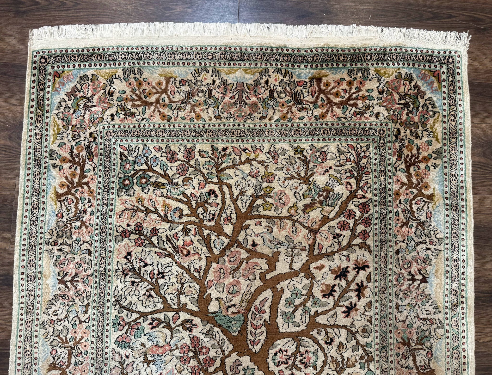 Indian Kashmiri Silk Rug 4x7, Tree of Life Design, Very Fine 380 KPSI, Birds by Jewel Rugs