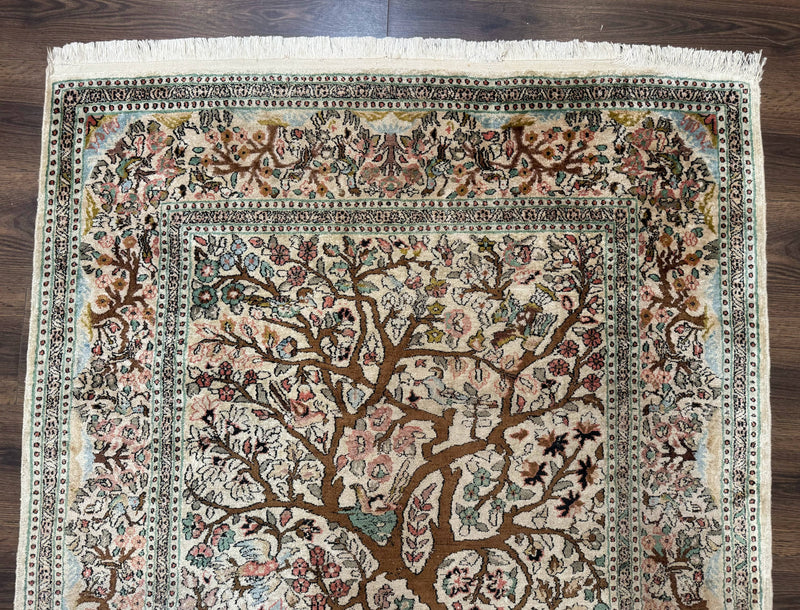 Indian Kashmiri Silk Rug 4x7, Tree of Life Design, Very Fine 380 KPSI, Birds by Jewel Rugs